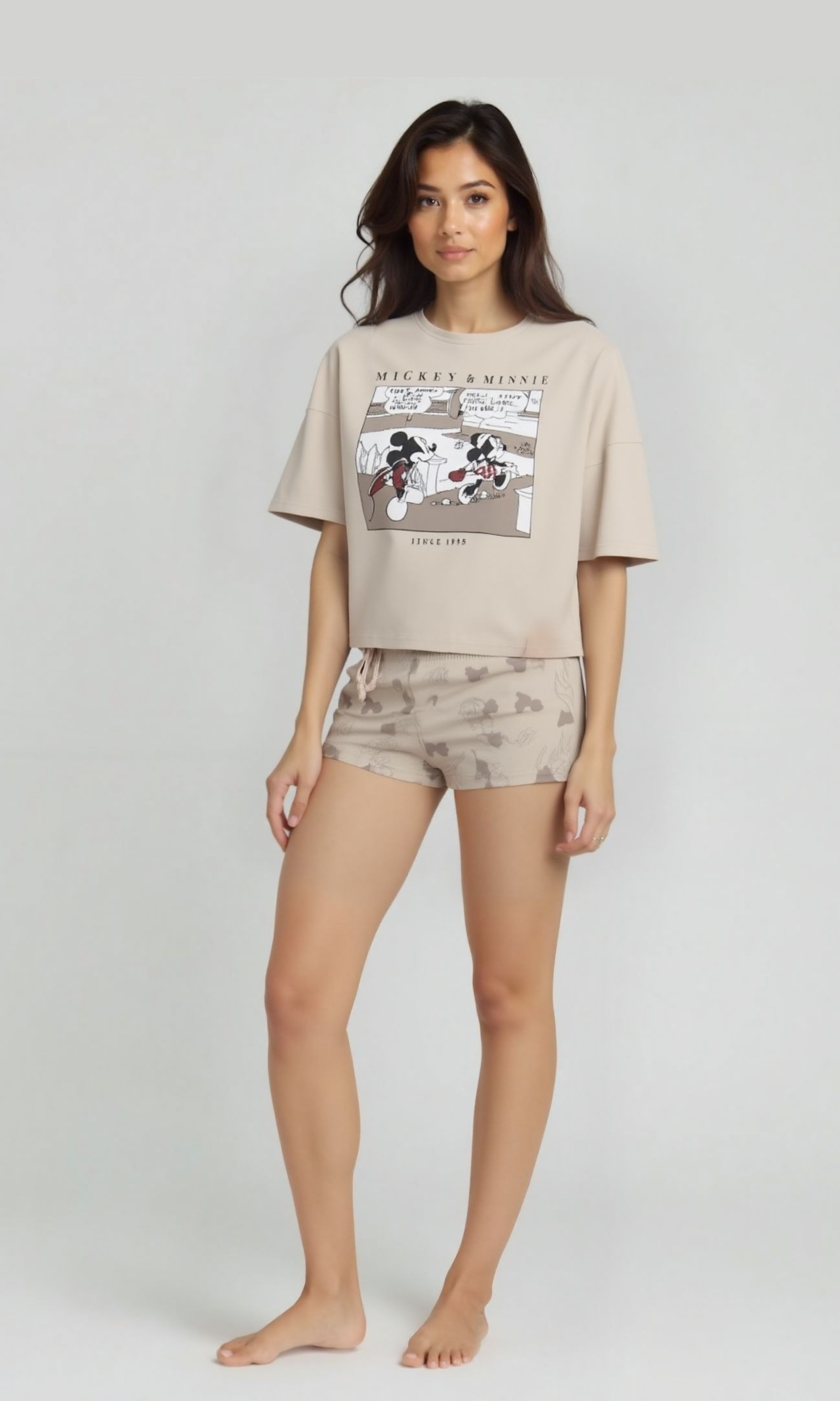 Women Printed Shorts Pajamas Set (Beige)