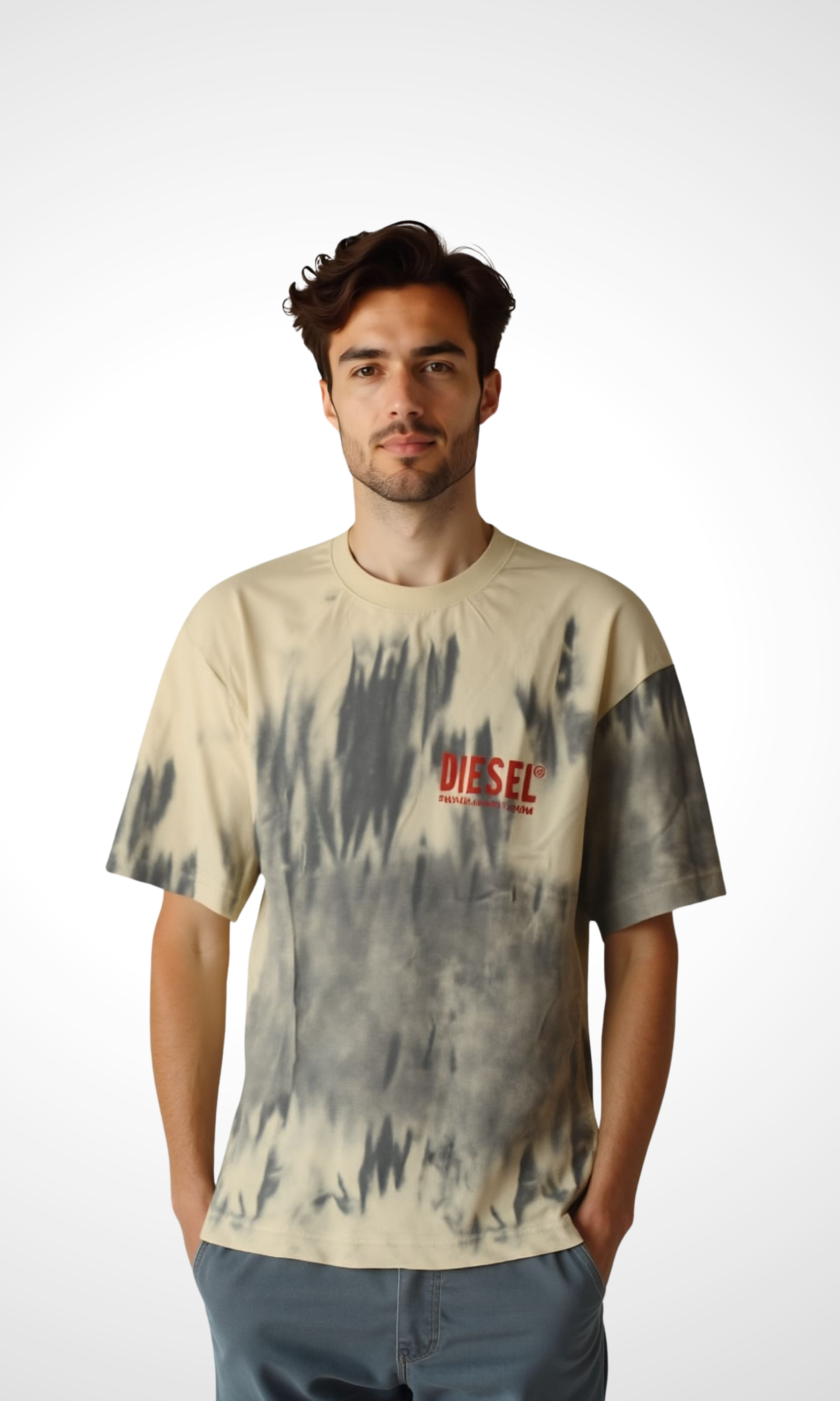 Men Relaxed Tie-Dye Washed T-Shirt (Beige)