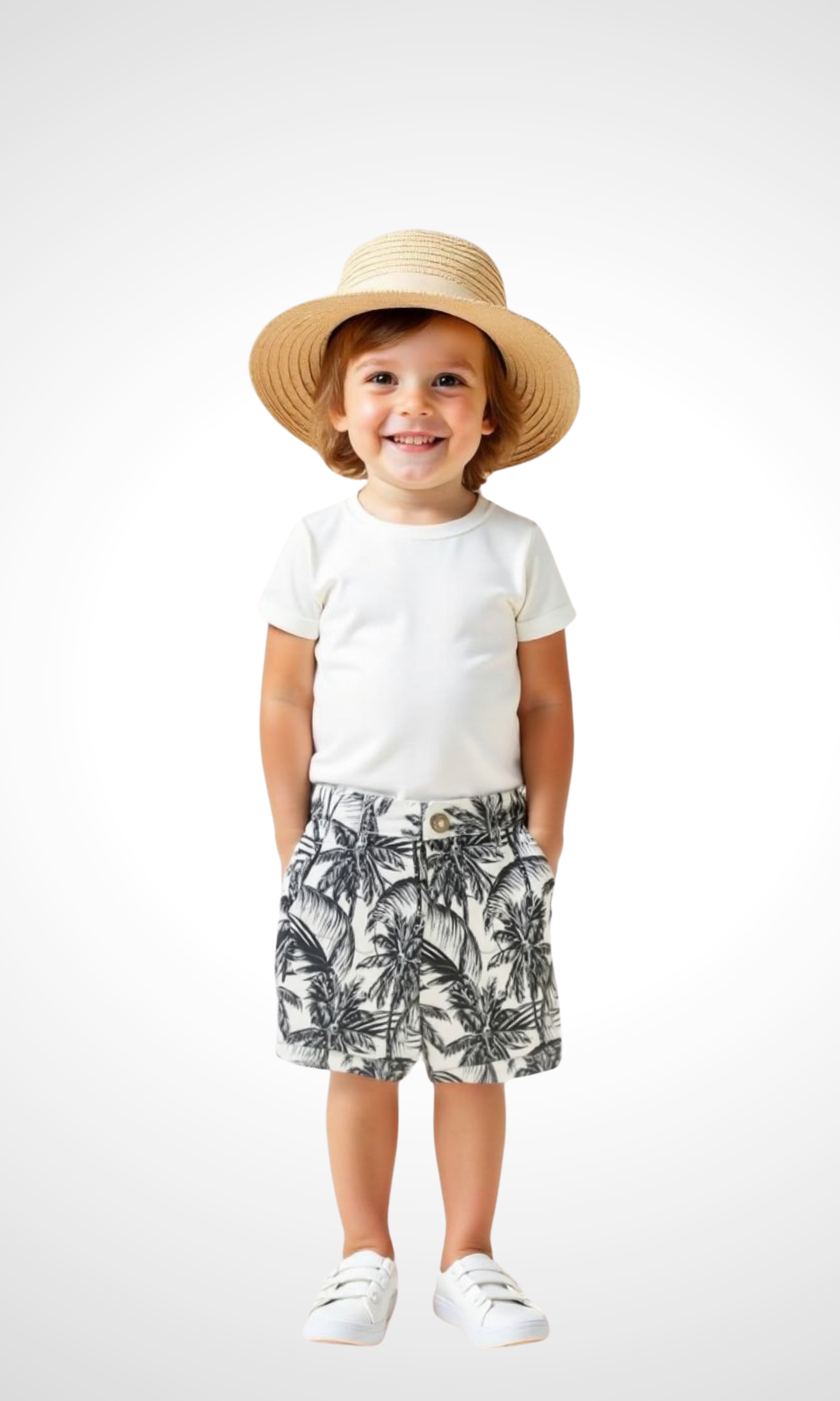 Kids Beach Pattern Gabardine Short (White*Black)