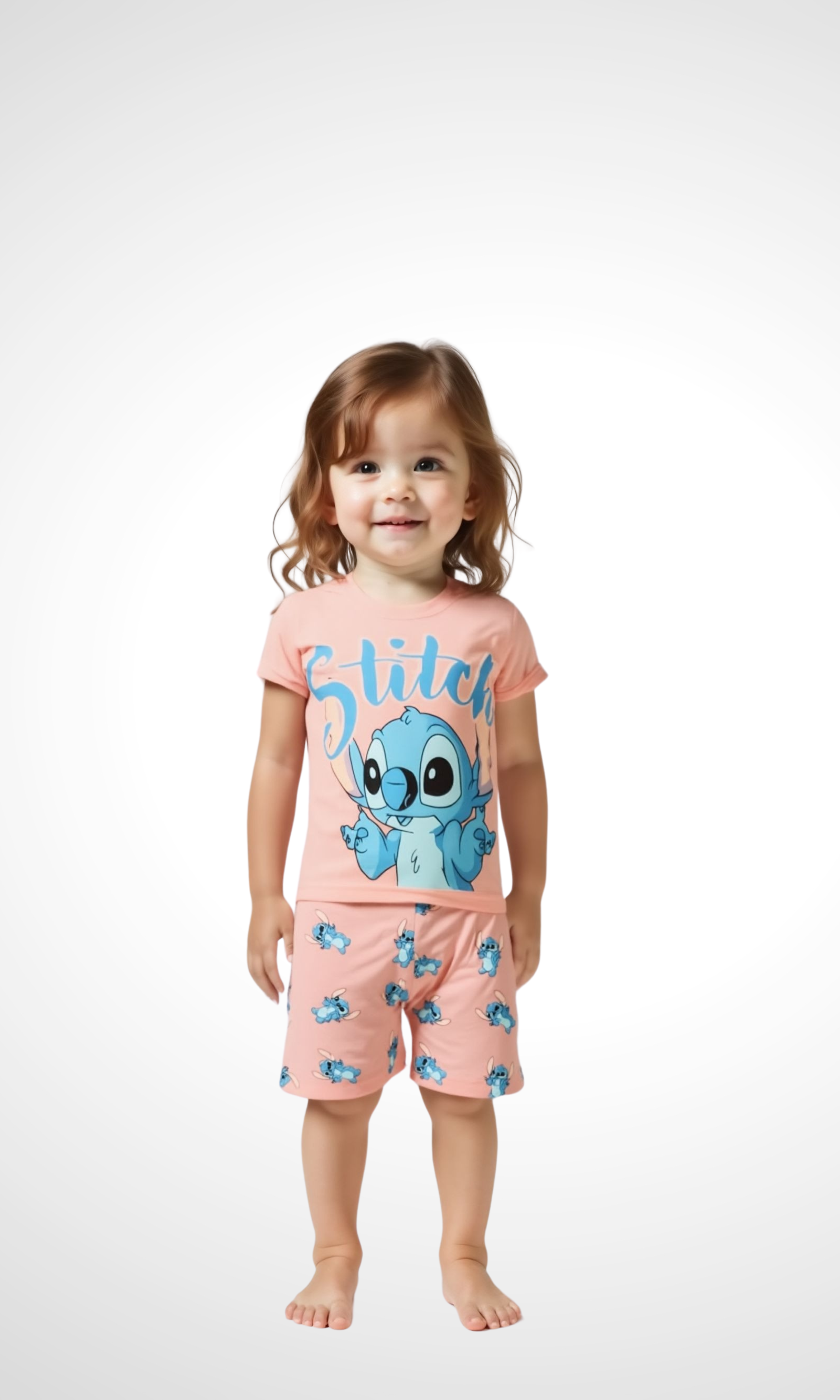 Kids Stitch Print Shorts Set (Peach)