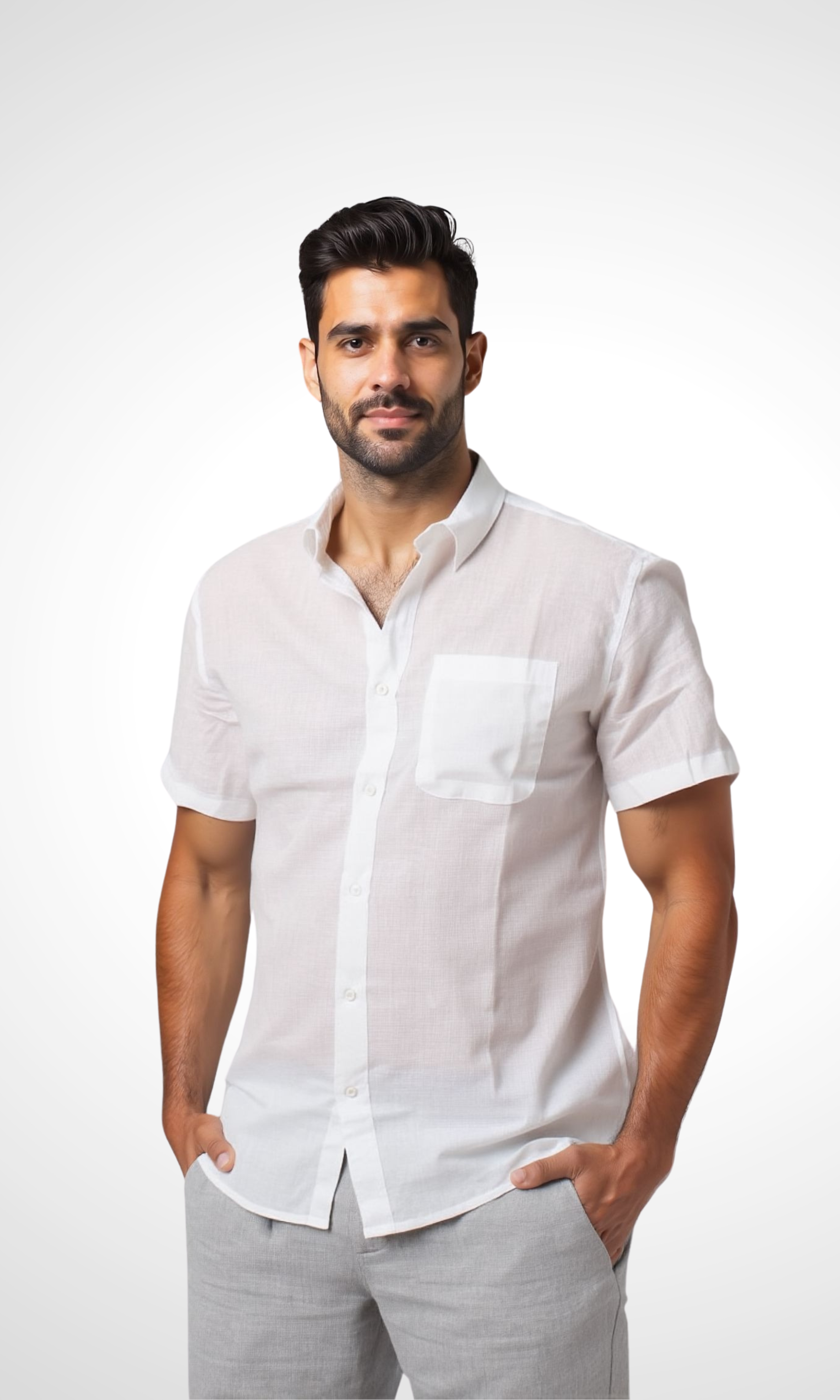 Men Linen Short Sleeve Shirt (White)