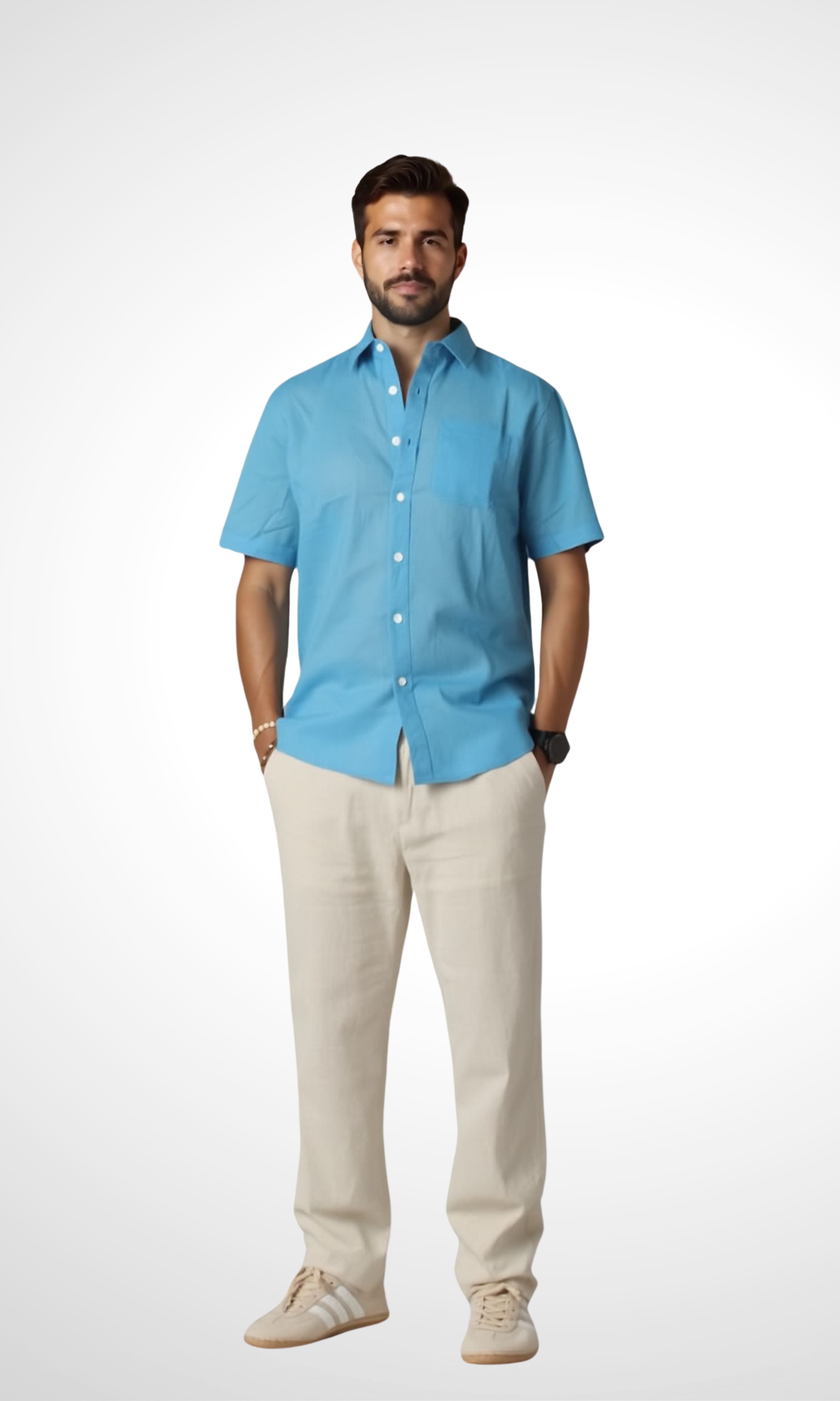 Men Linen Short Sleeve Shirt (Blue)