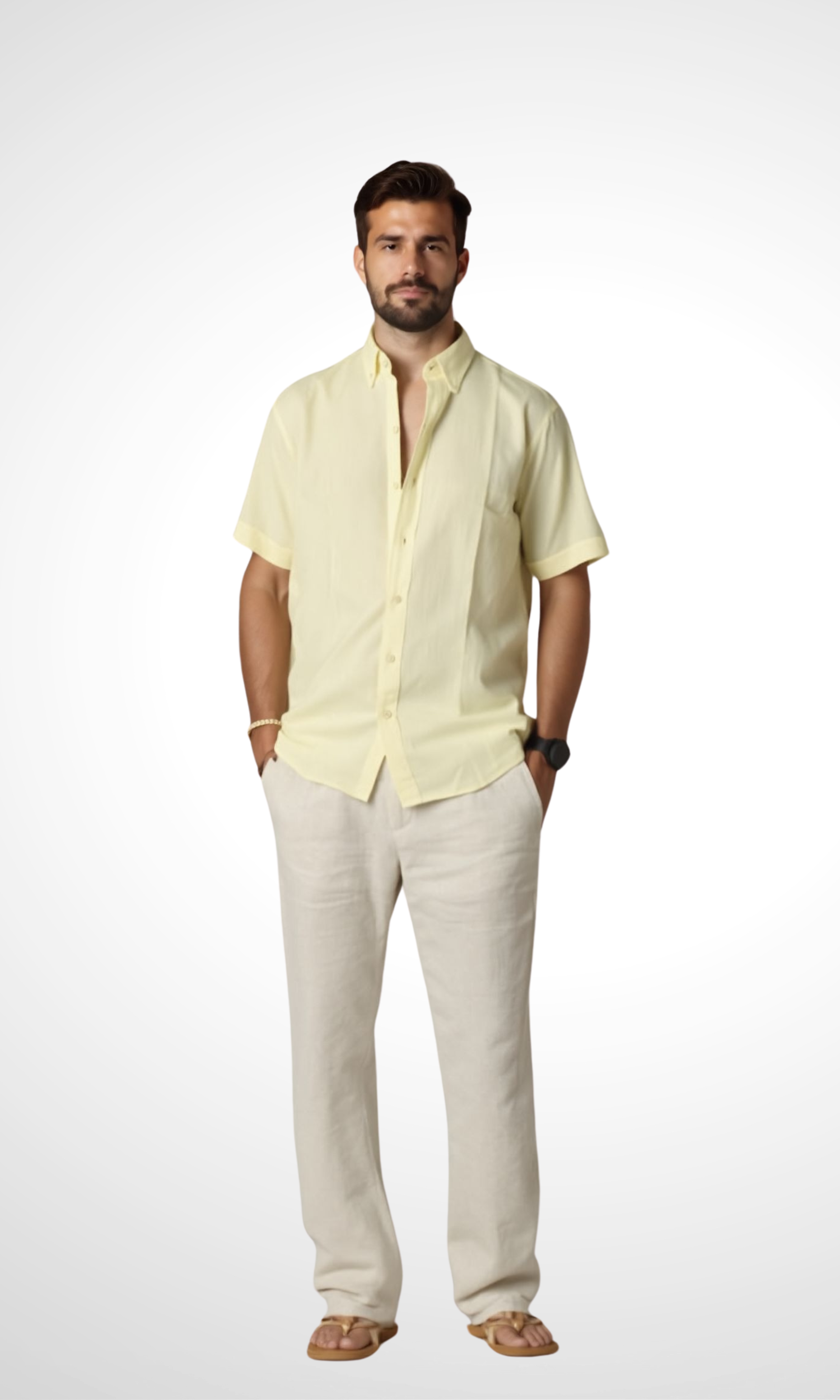 New-Men Regular Fit Short-sleeved Linen Shirt (Yellow)