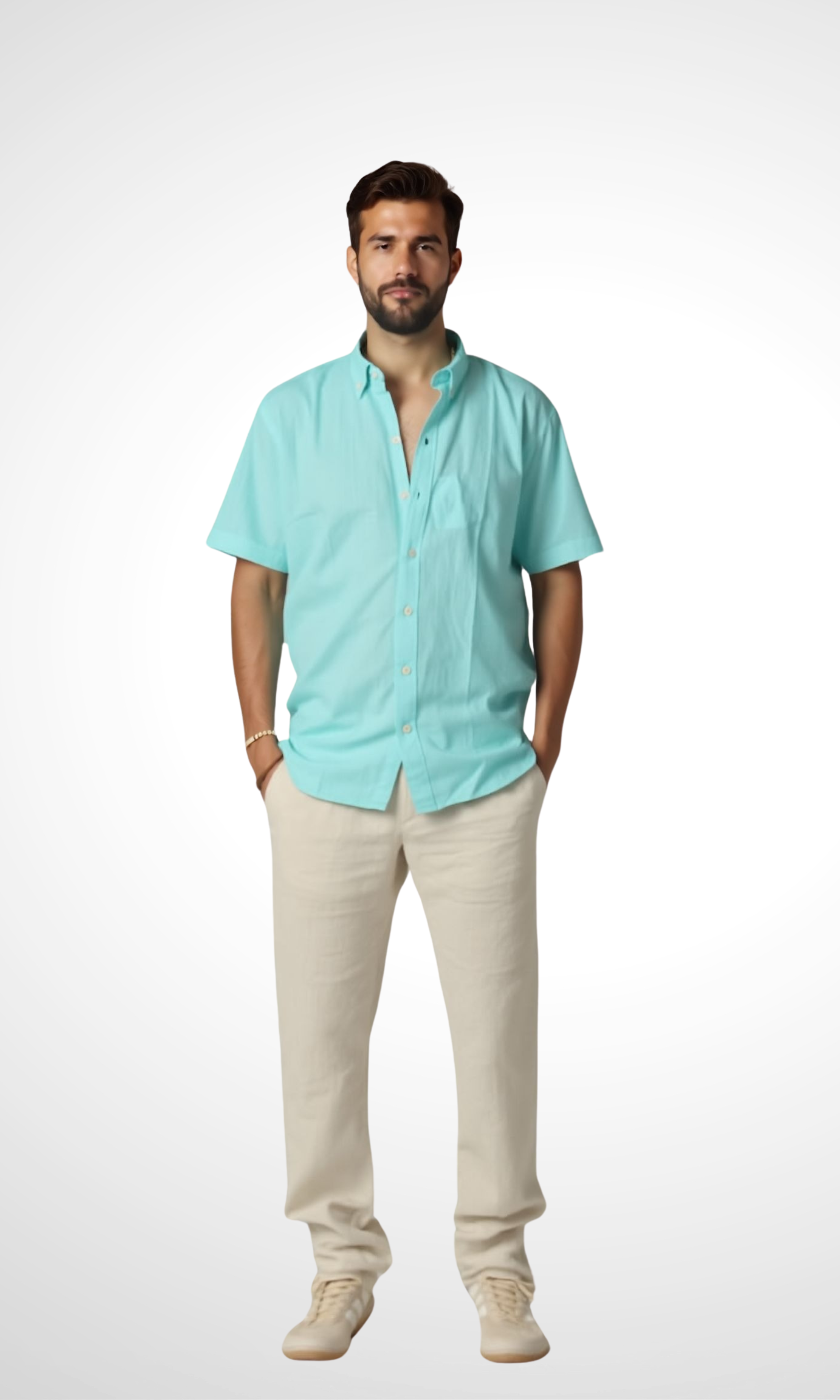 New-Men Regular Fit Short-sleeved Linen Shirt (Mint)