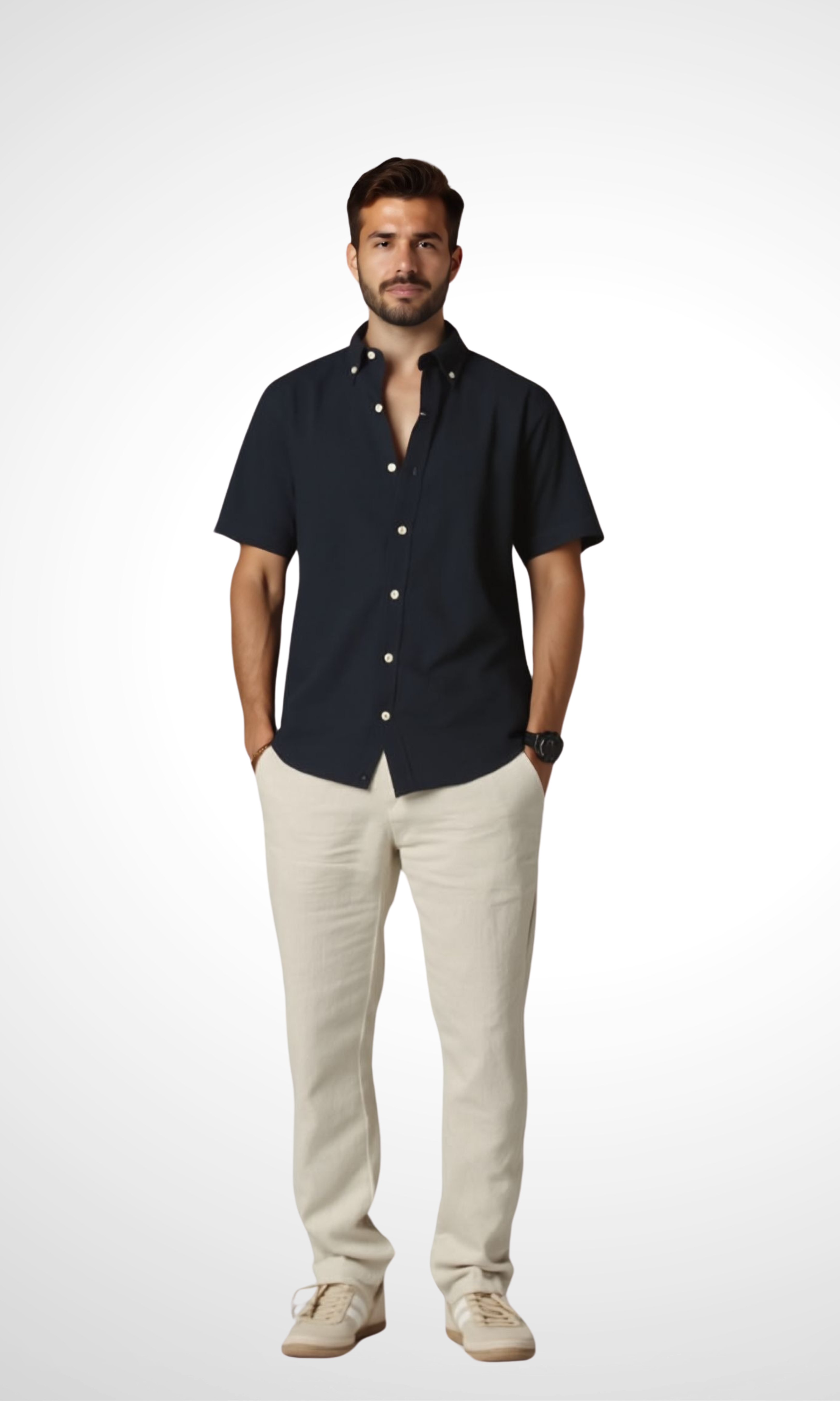 New-Men Regular Fit Short-sleeved Linen Shirt (Dark Blue)