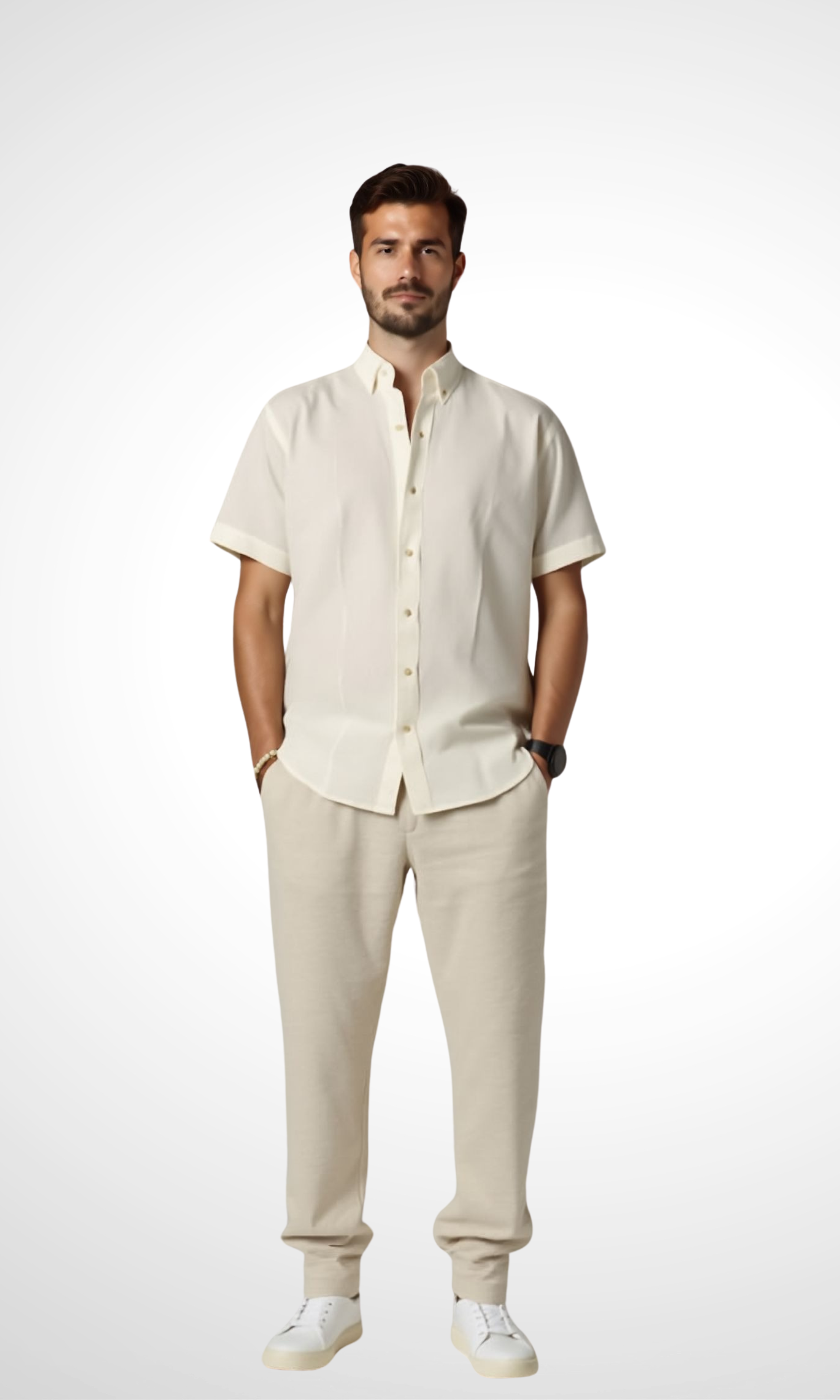 New-Men Regular Fit Short-sleeved Linen Shirt (Off White)