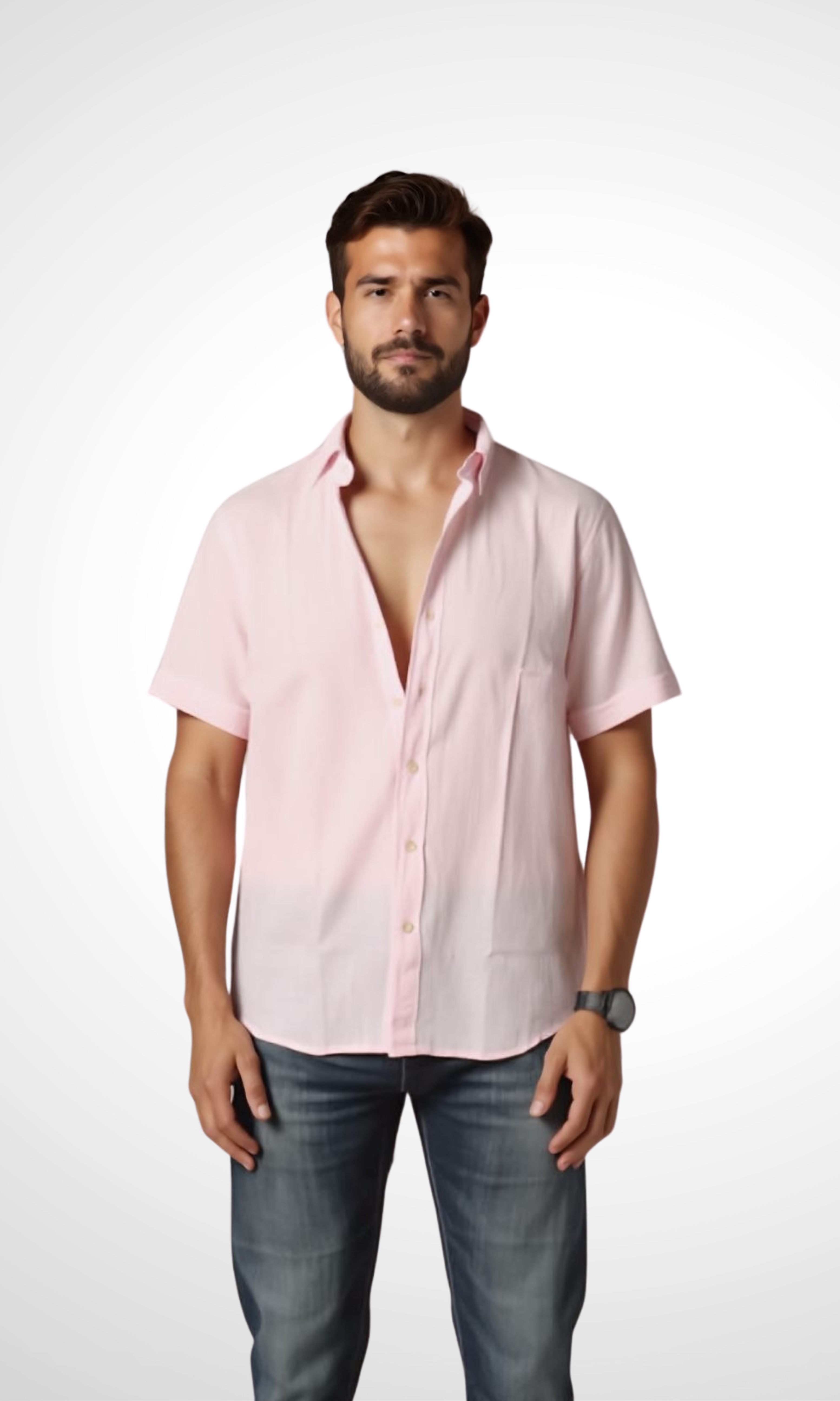New-Men Regular Fit Short-sleeved Linen Shirt (Pink)