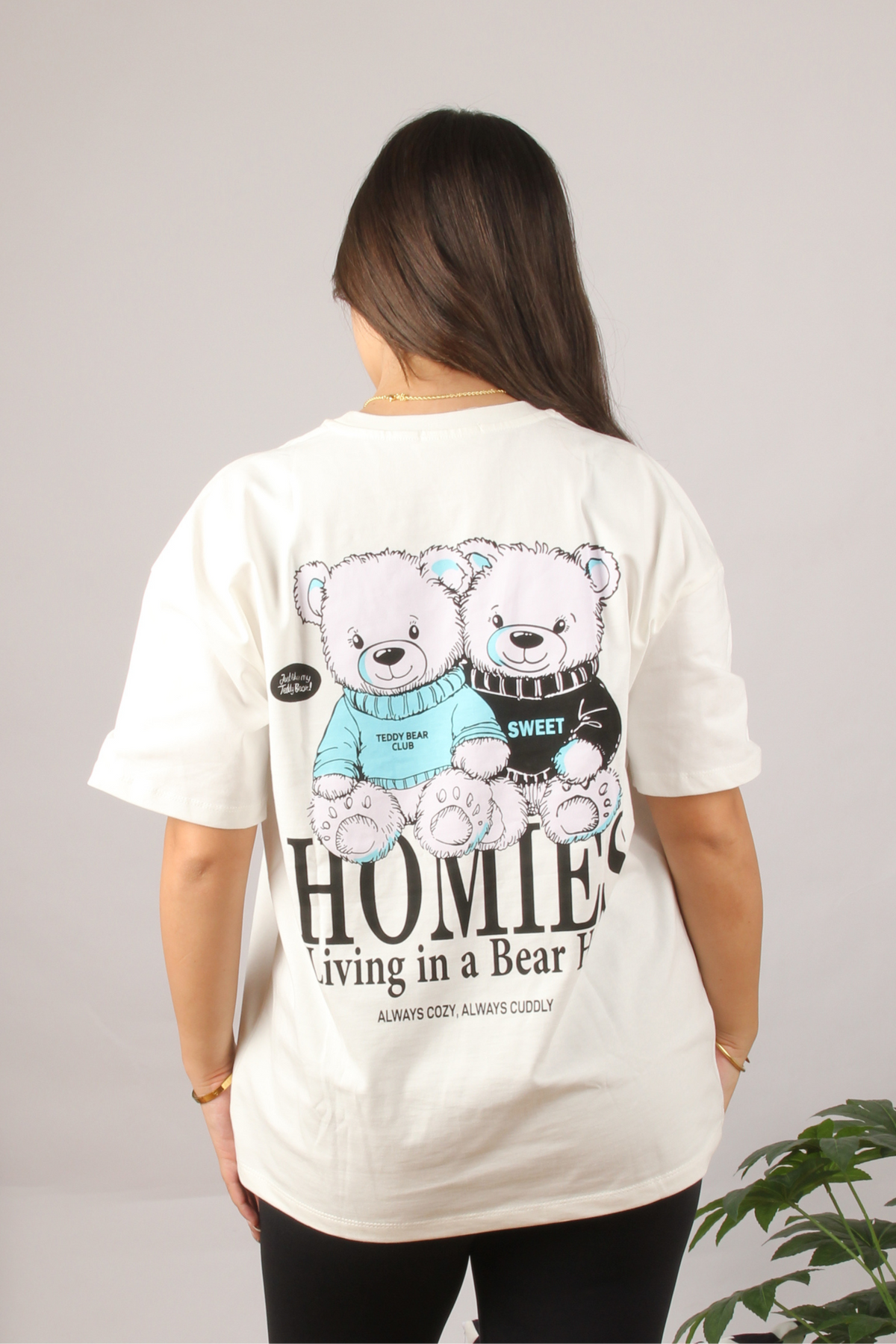 Women Oversize Print T-Shirt - Bear Home (White)