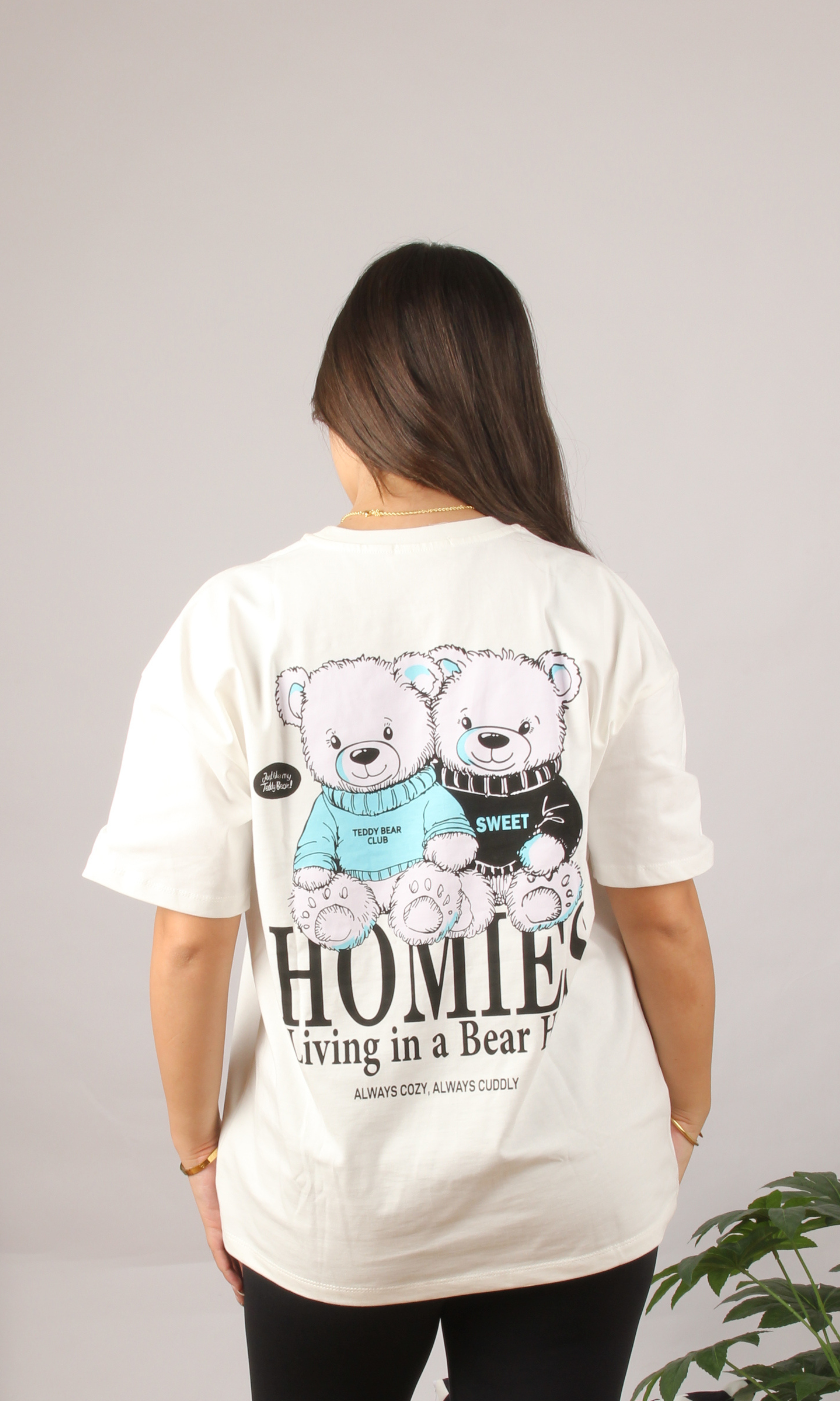 Women Oversize Print T-Shirt - Bear Home (White)