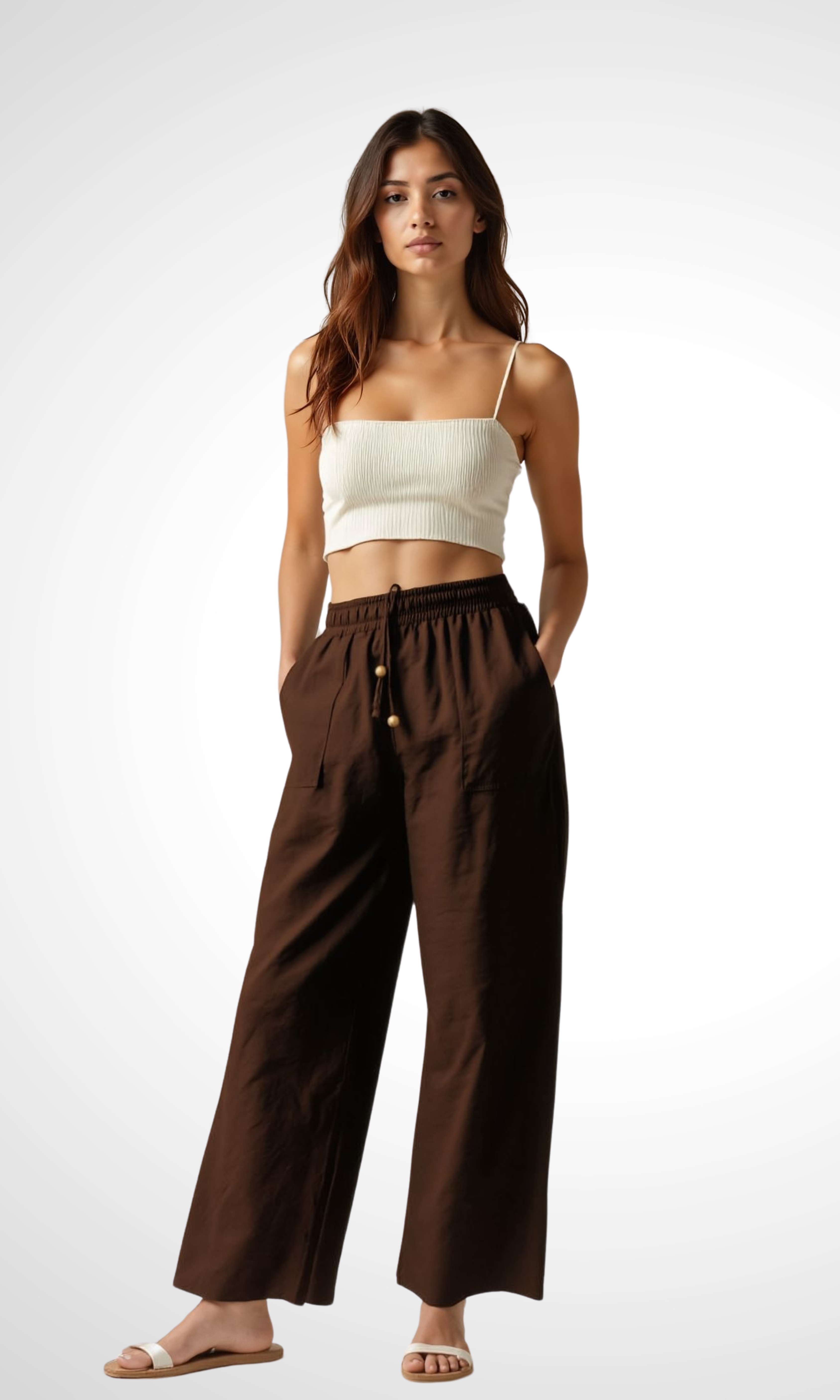 Women Wide Linen Pants (Brown)