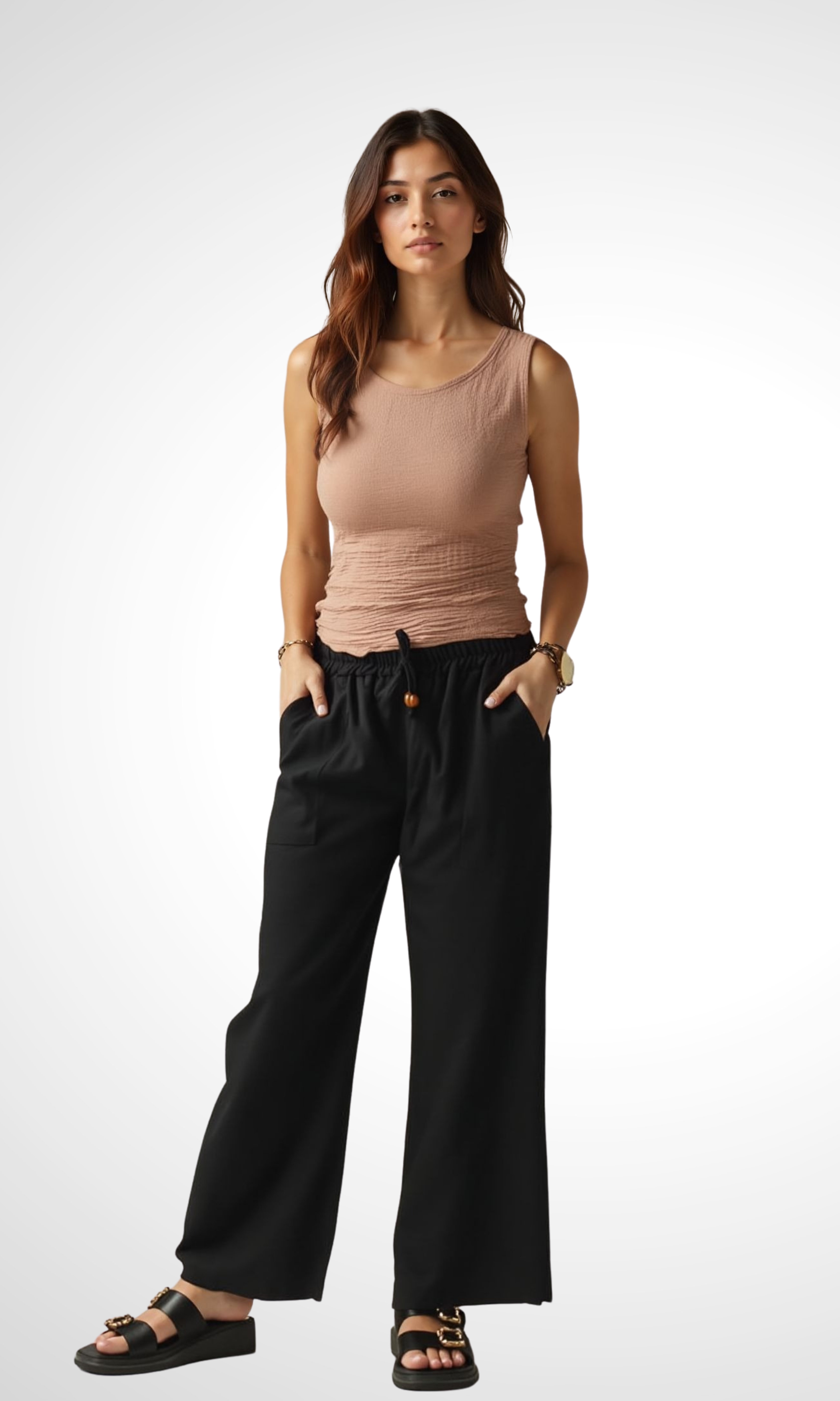 Women Wide Linen Pants (Black)