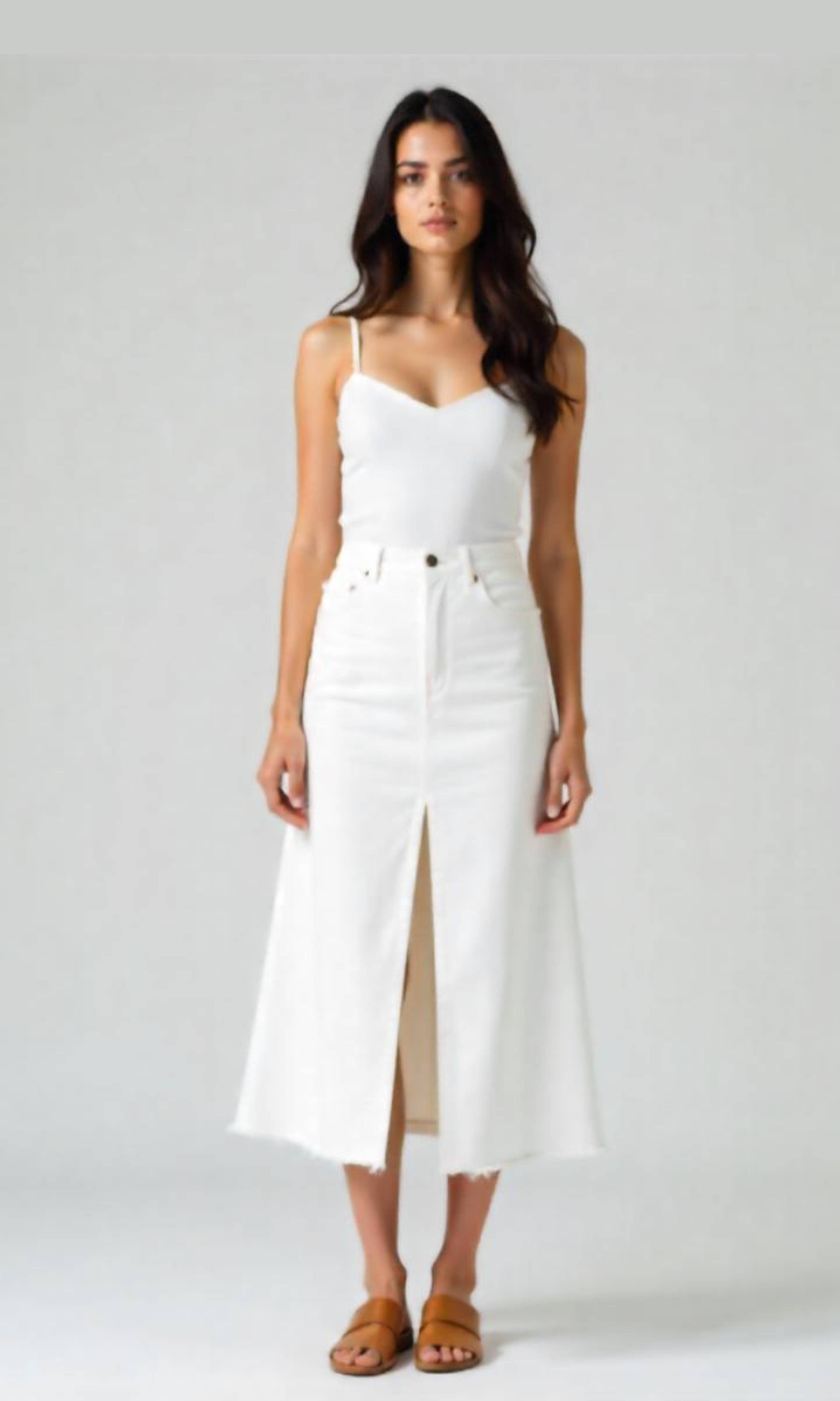Women Denim Split Front Midi Skirt (White)