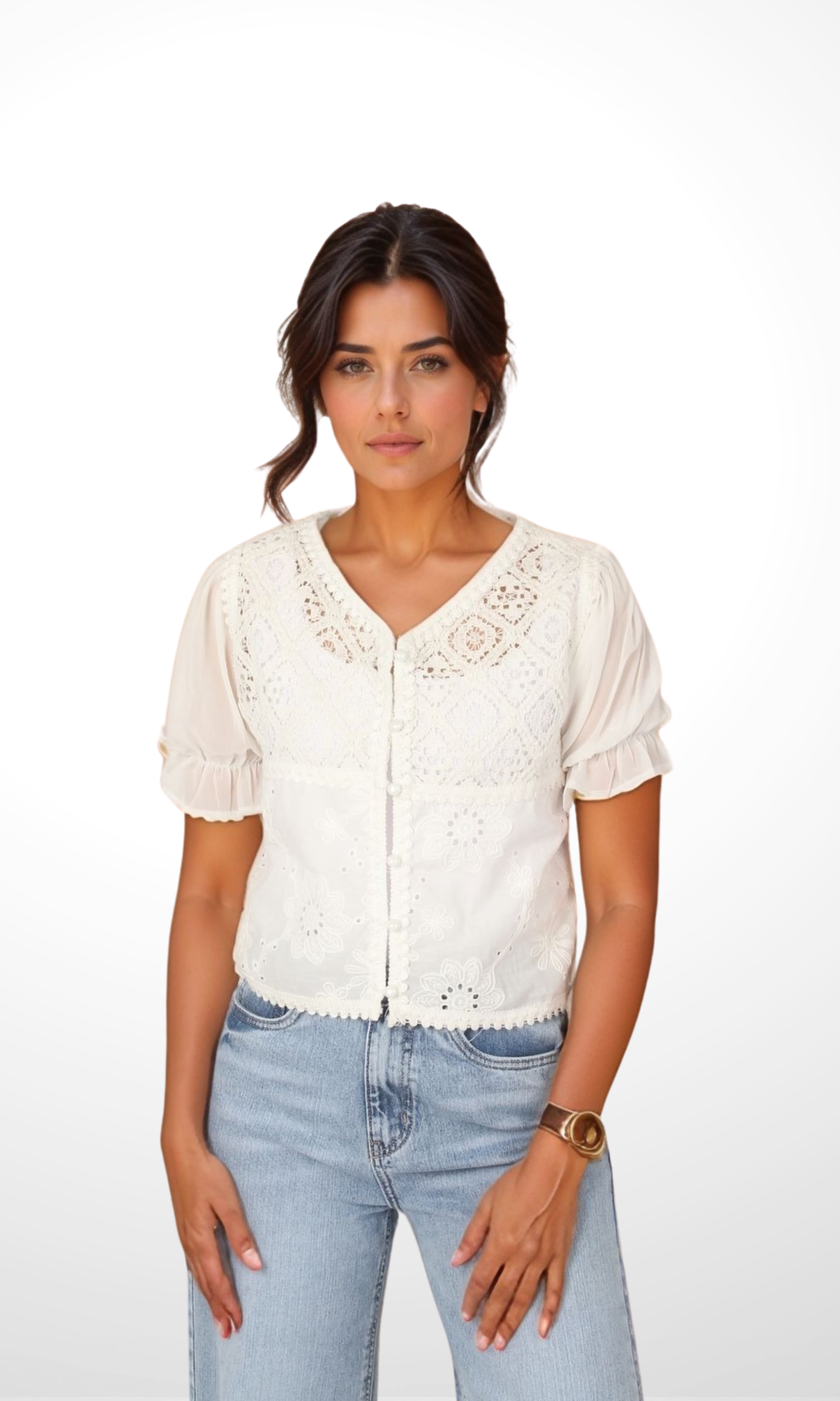 Women Mesh Short Sleeve Crop Cardigan (White)