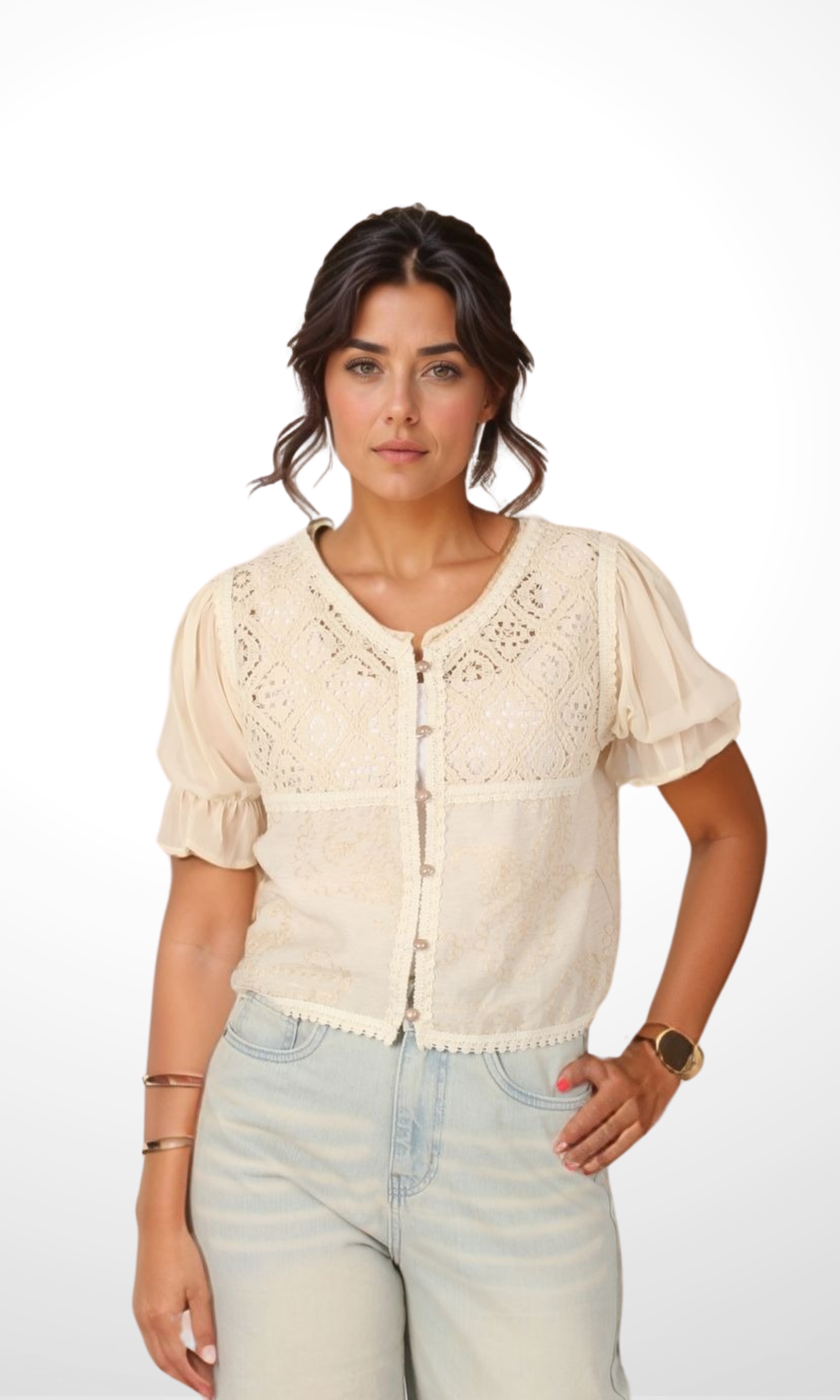 Women Mesh Short Sleeve Crop Cardigan (Beige)