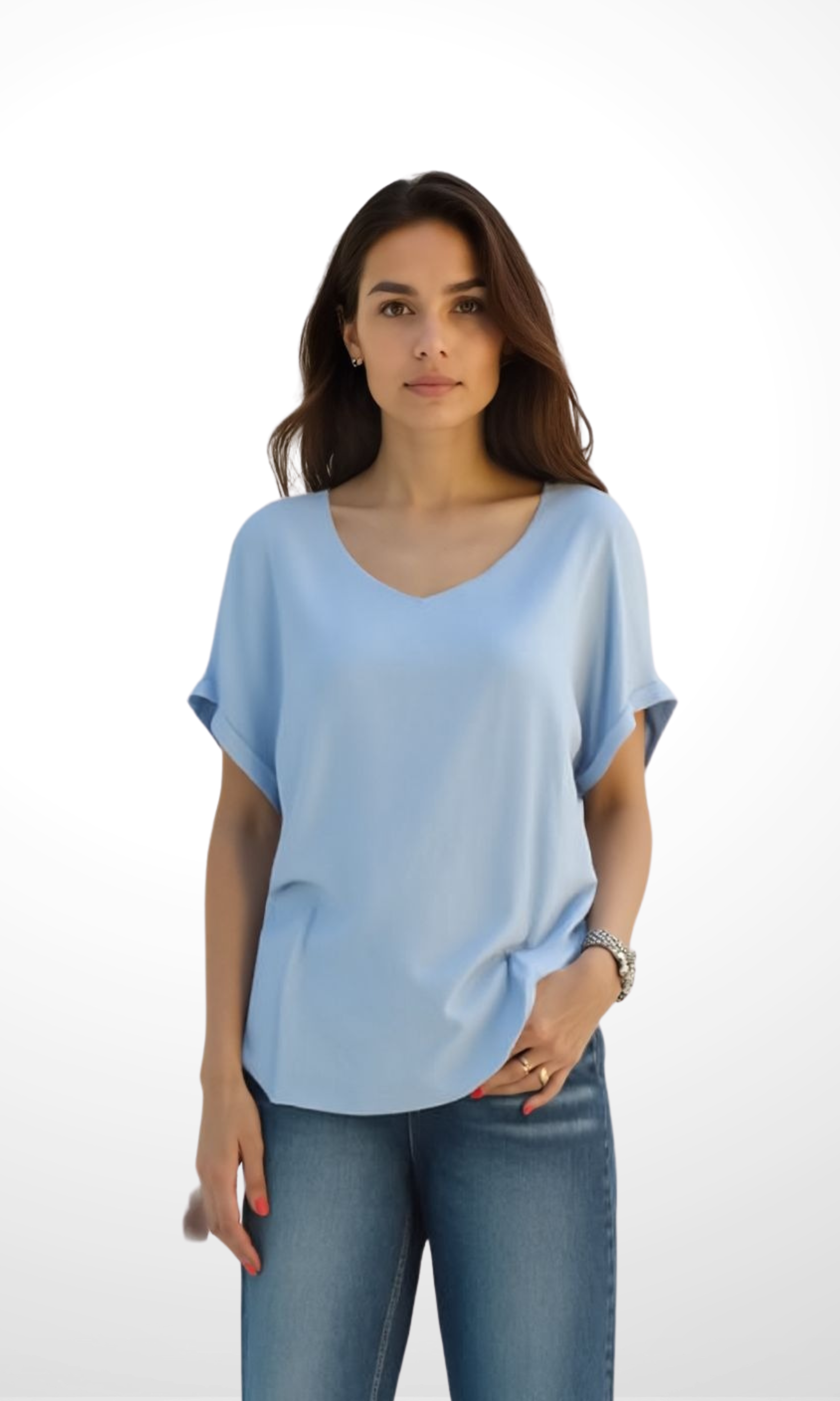 Women Linen Blend V Neck T-Shirt (Baby Blue)