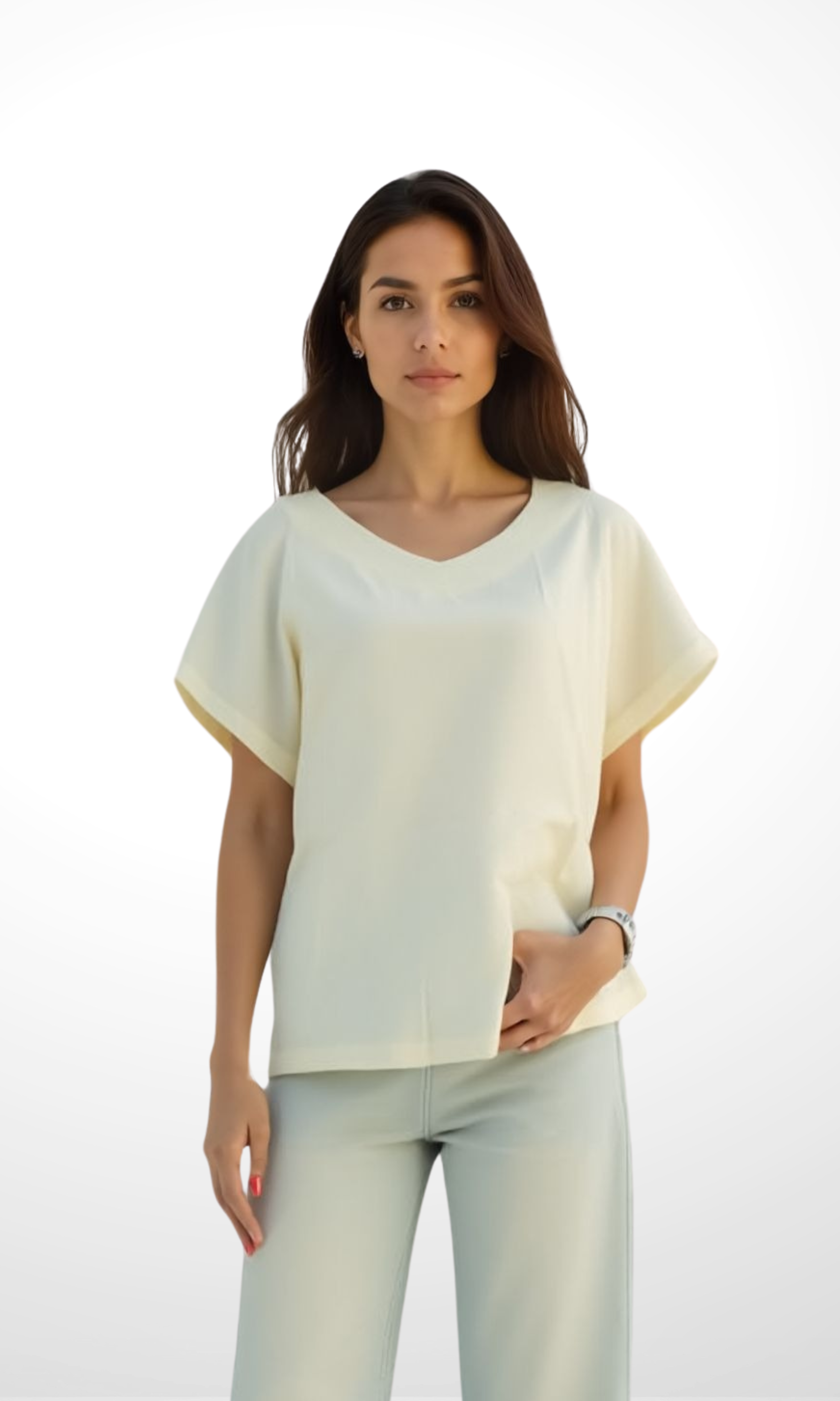 Women Linen Blend V Neck T-Shirt (Beige)