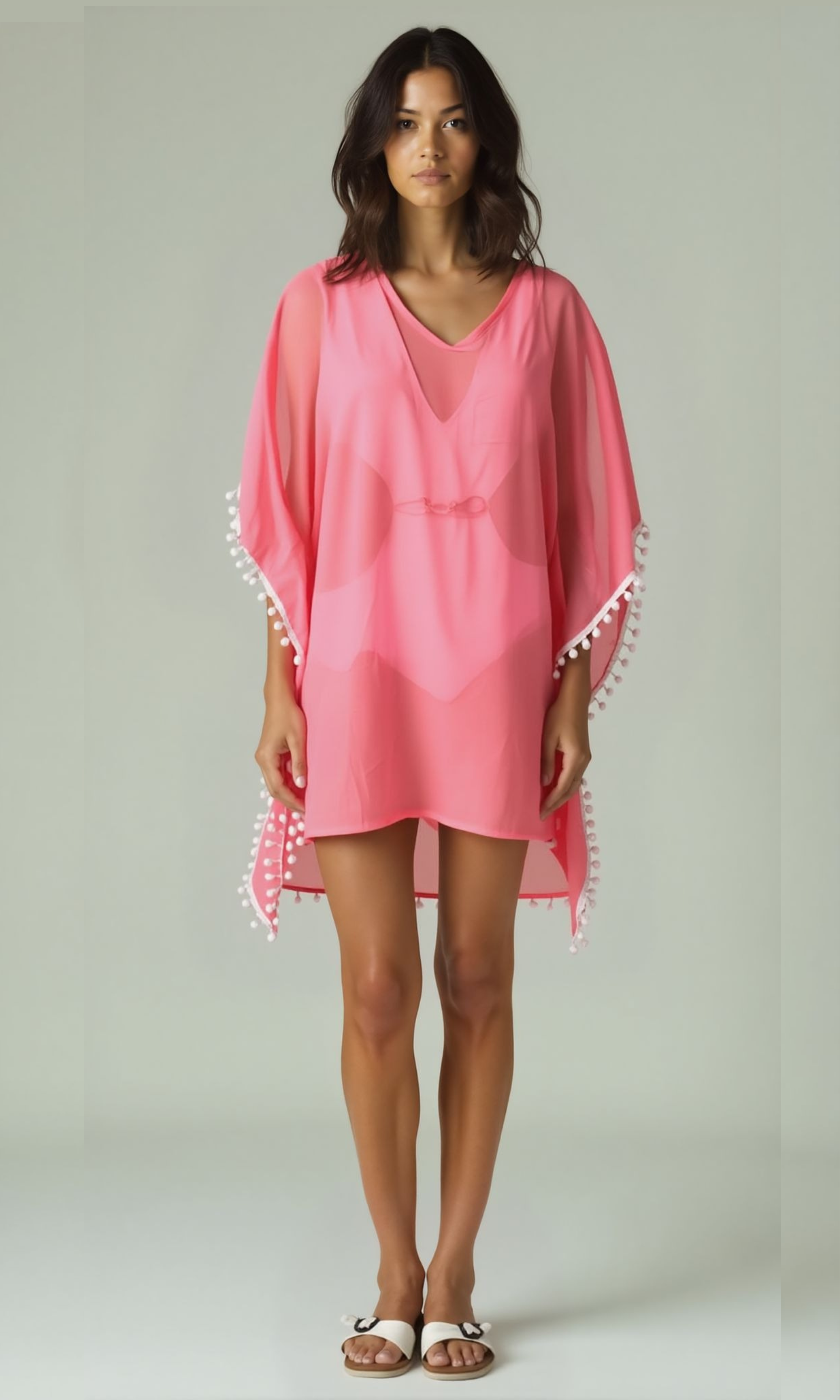 Women Chiffon Beach Cover Up Dress (Hot Pink)