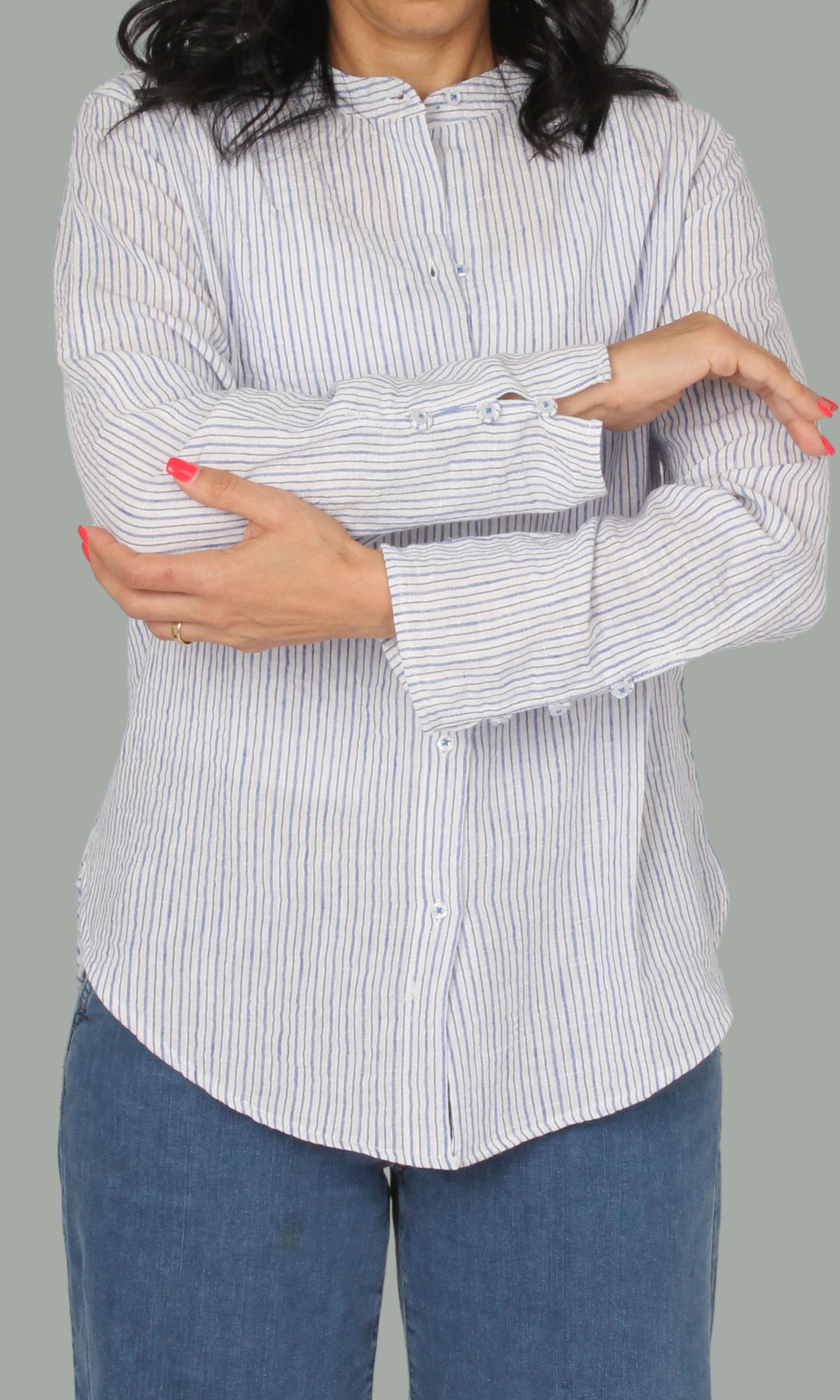 Women Fancy Long Sleeve Linen Striped (Blue*White)
