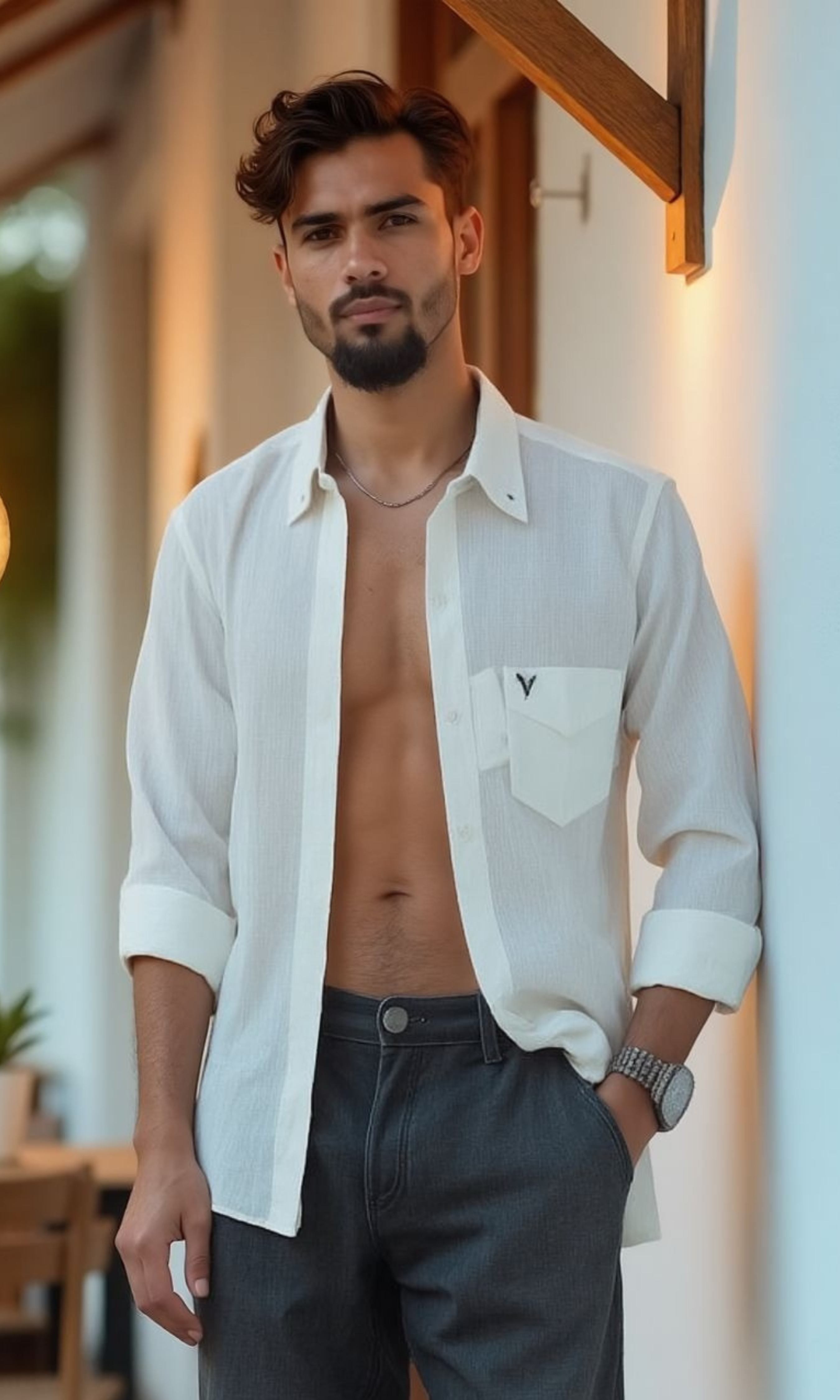 Men Regular Fit Linen Shirt A.E (Off White)