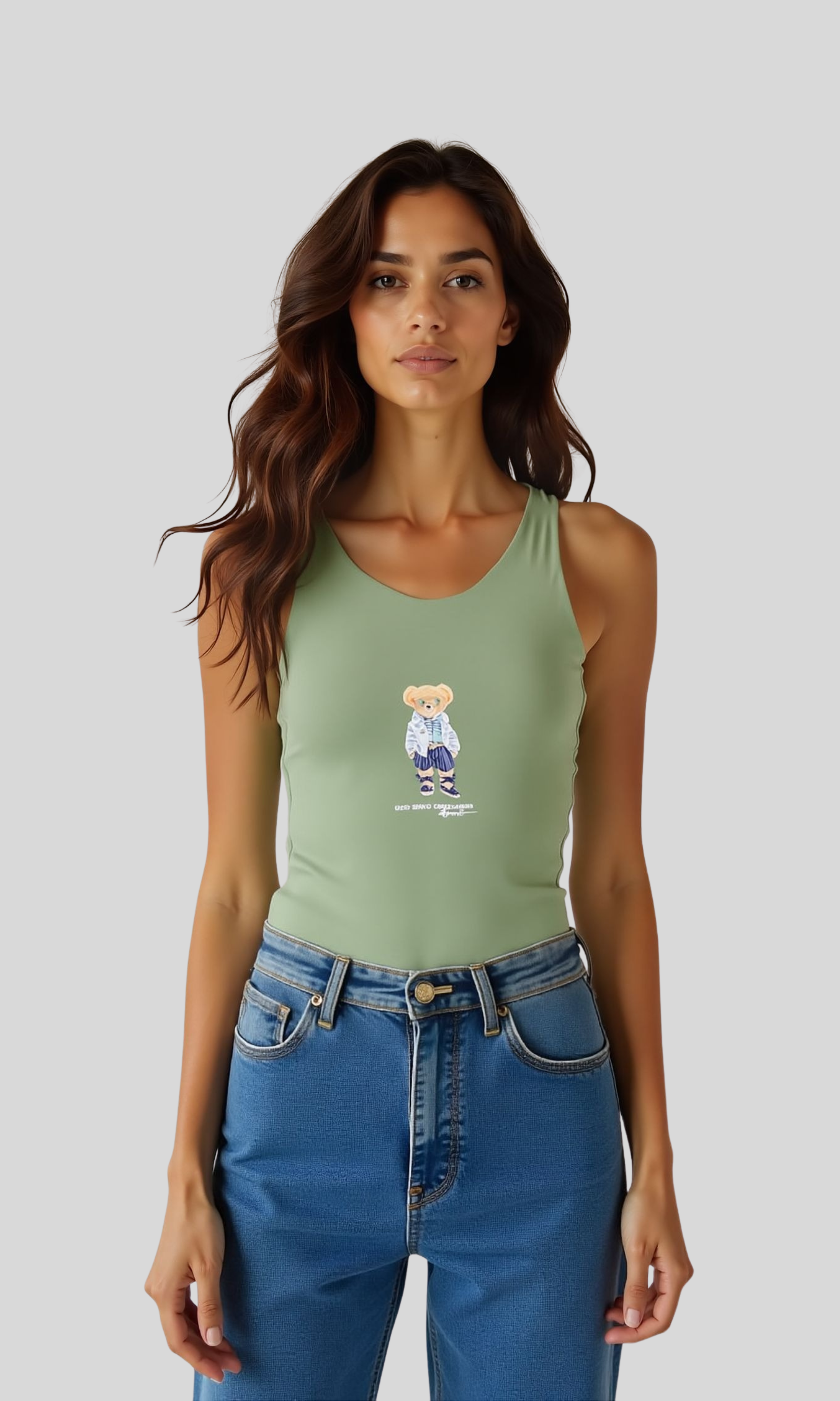 Women Scoop Neckline Tank Top-Bear (Oil Green)