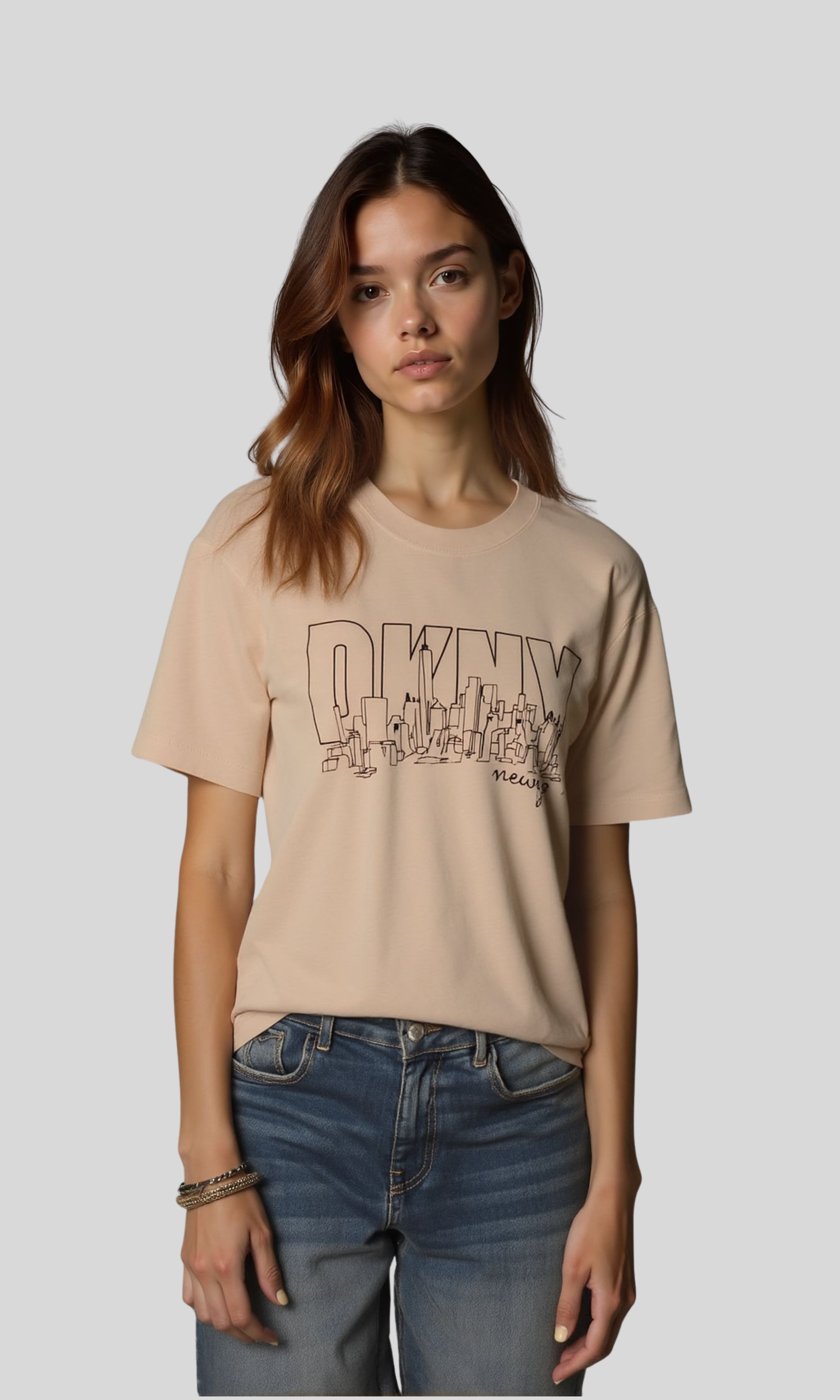 Women Cotton Graphic Tee DKNY (Beige)
