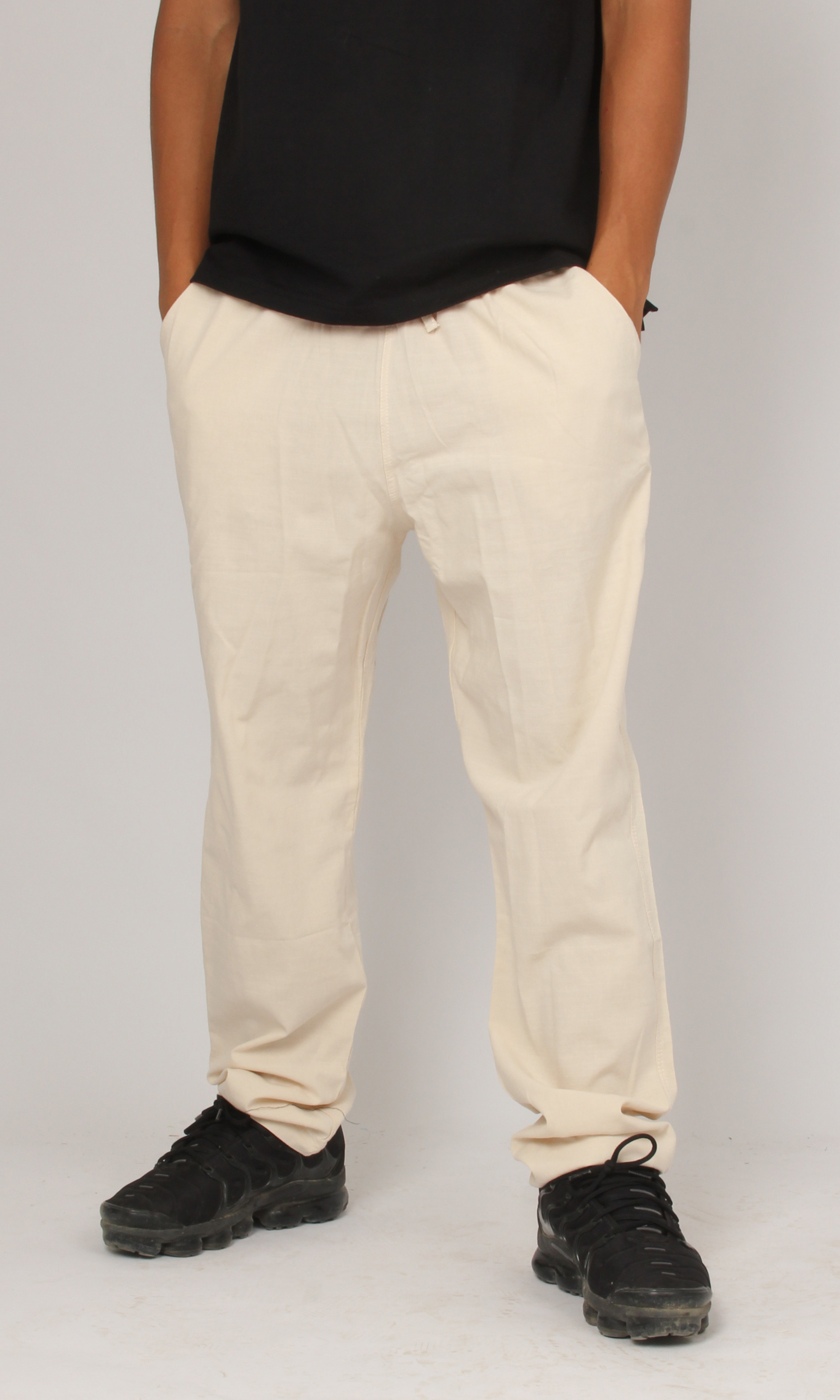 Men Linen Pants Elasticated Waist Slim Fit (Beige)