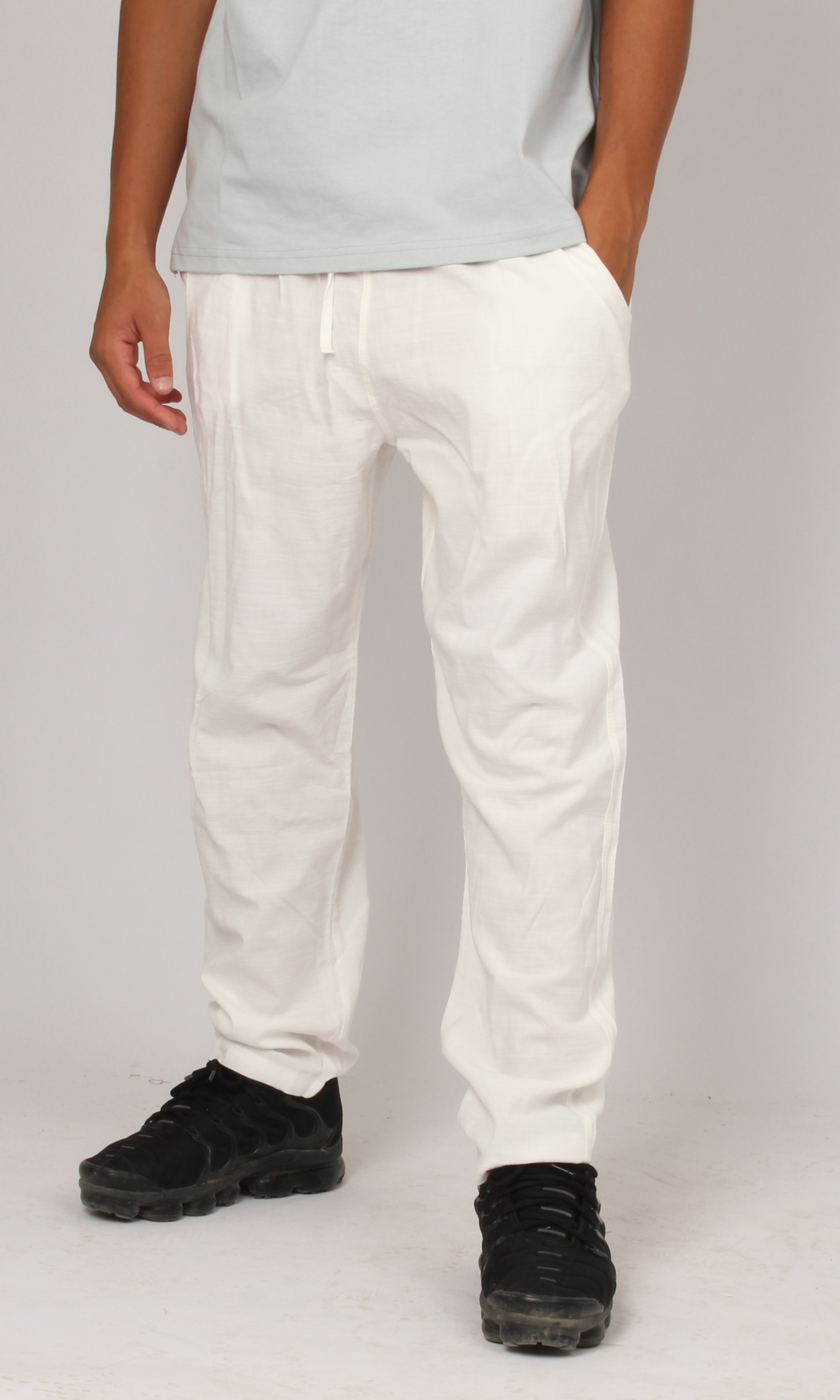 Men Linen Pants Elasticated Waist Slim Fit (White)