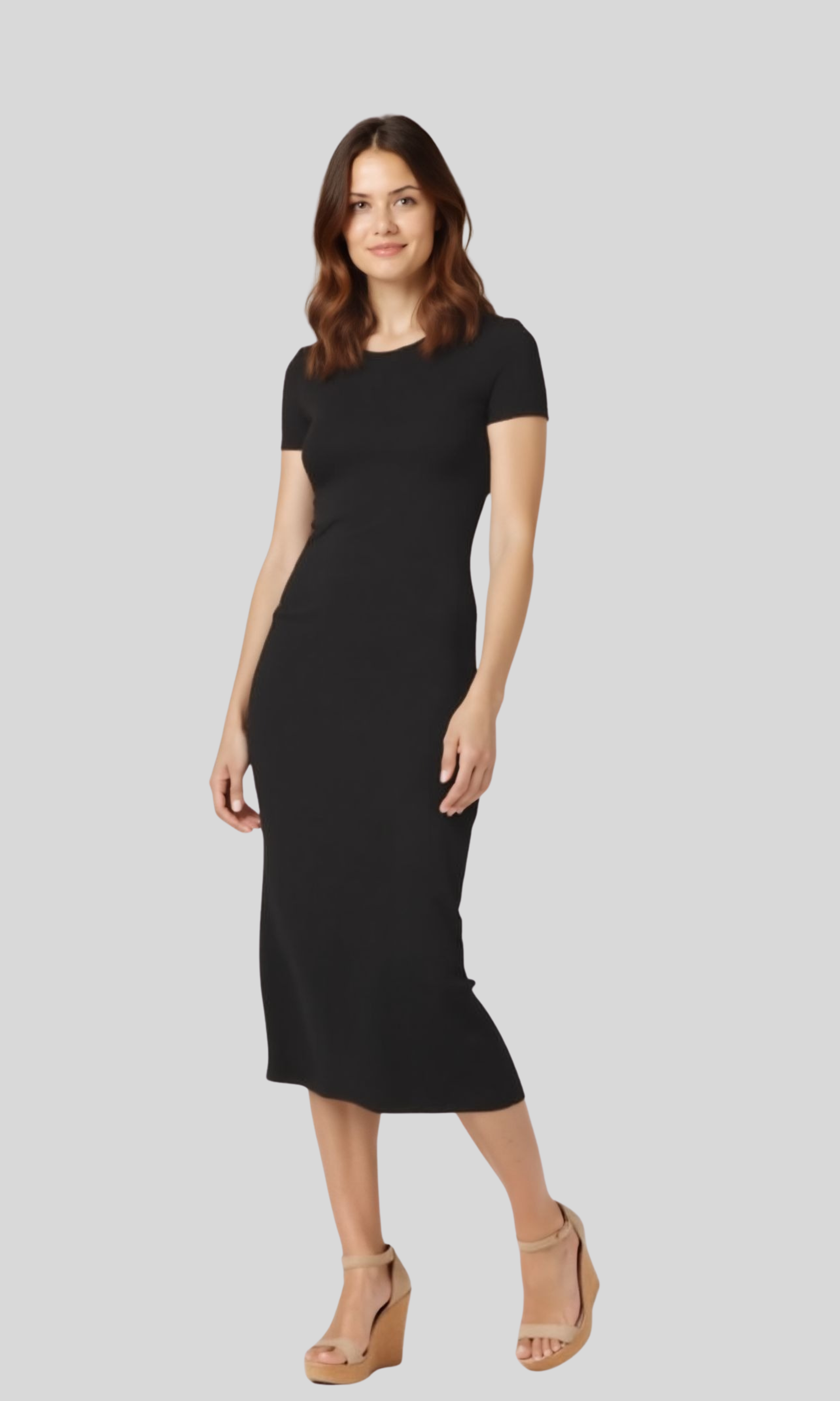 Women Midi Dress With Short Sleeves (Black)
