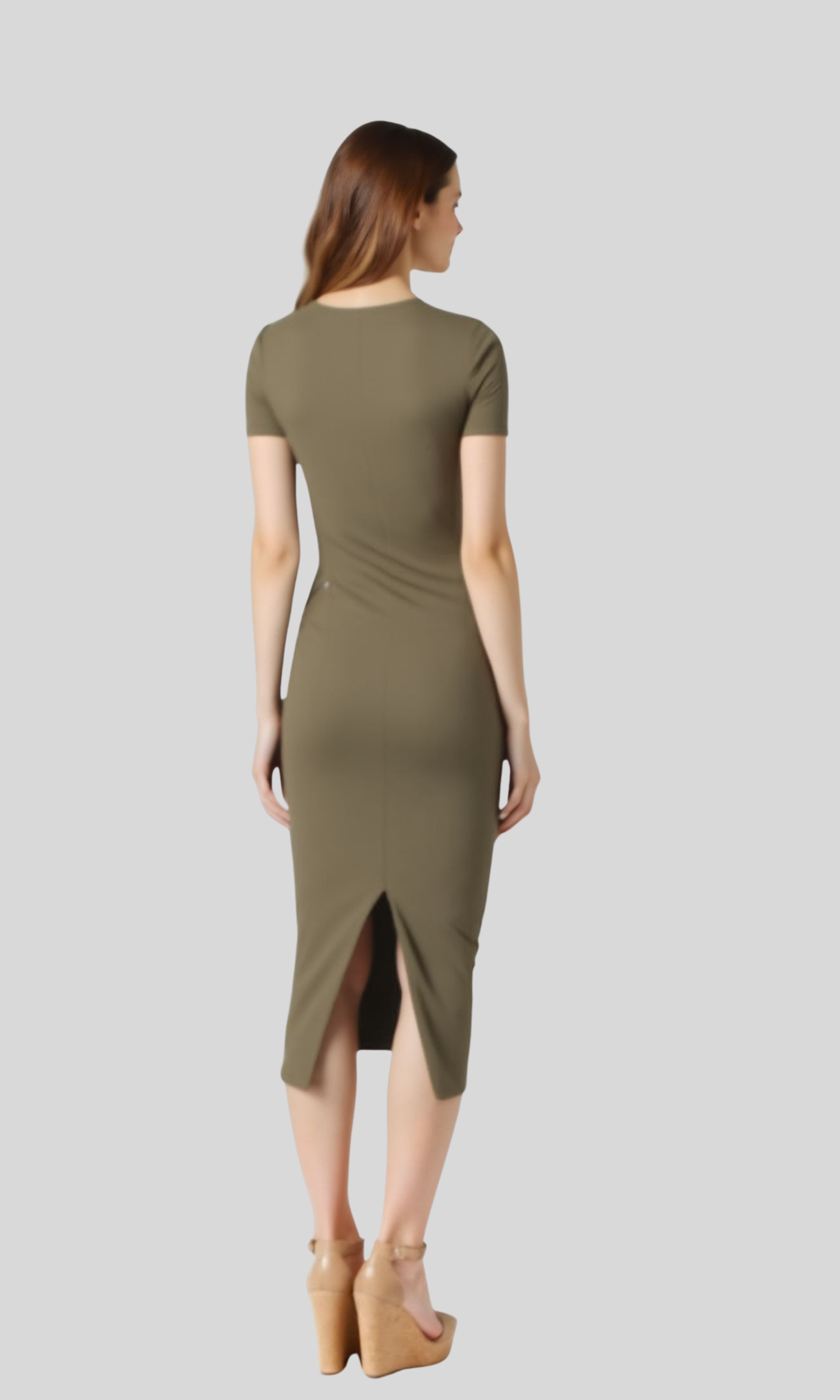 Women Midi Dress With Short Sleeves (Oil Green)