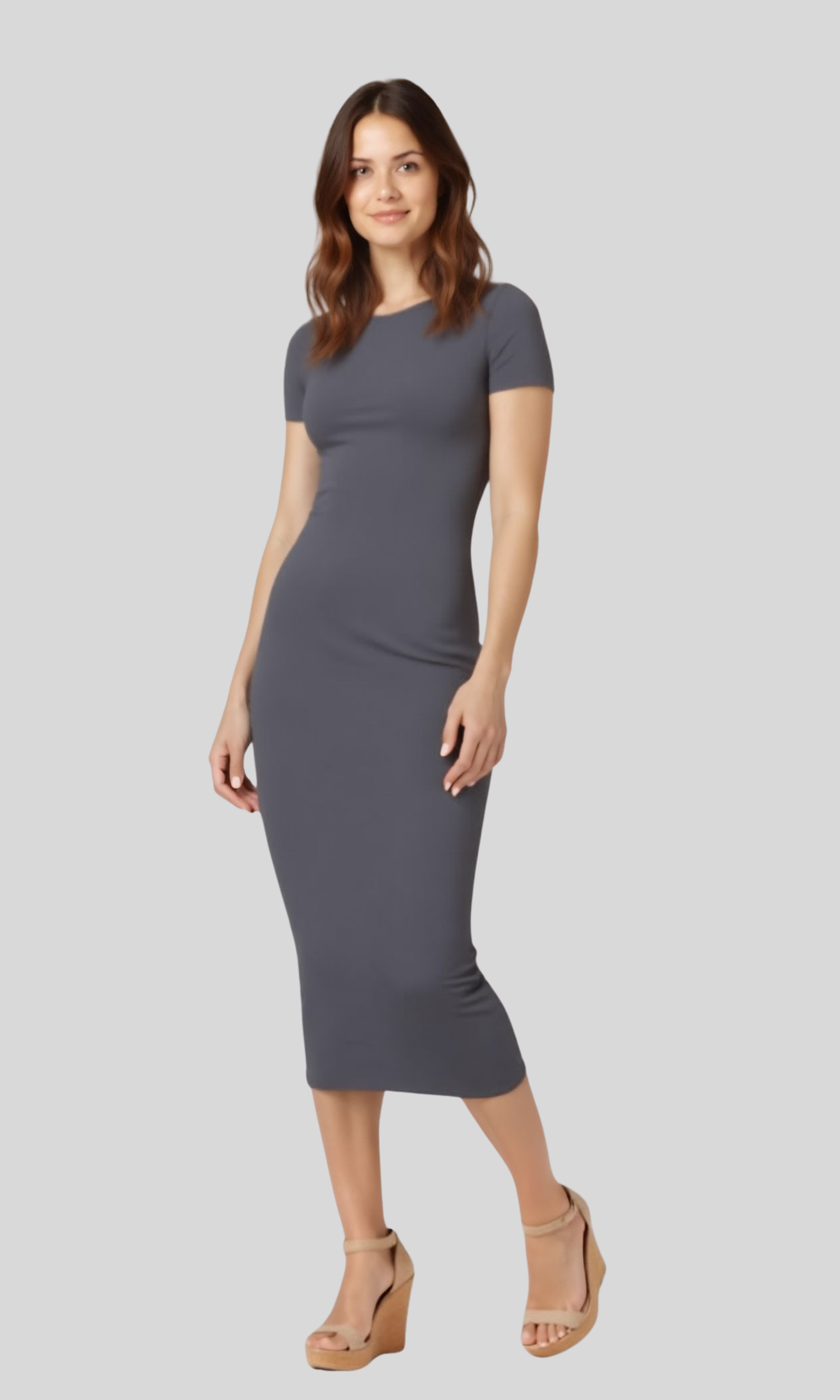 Women Midi Dress With Short Sleeves (Grey)