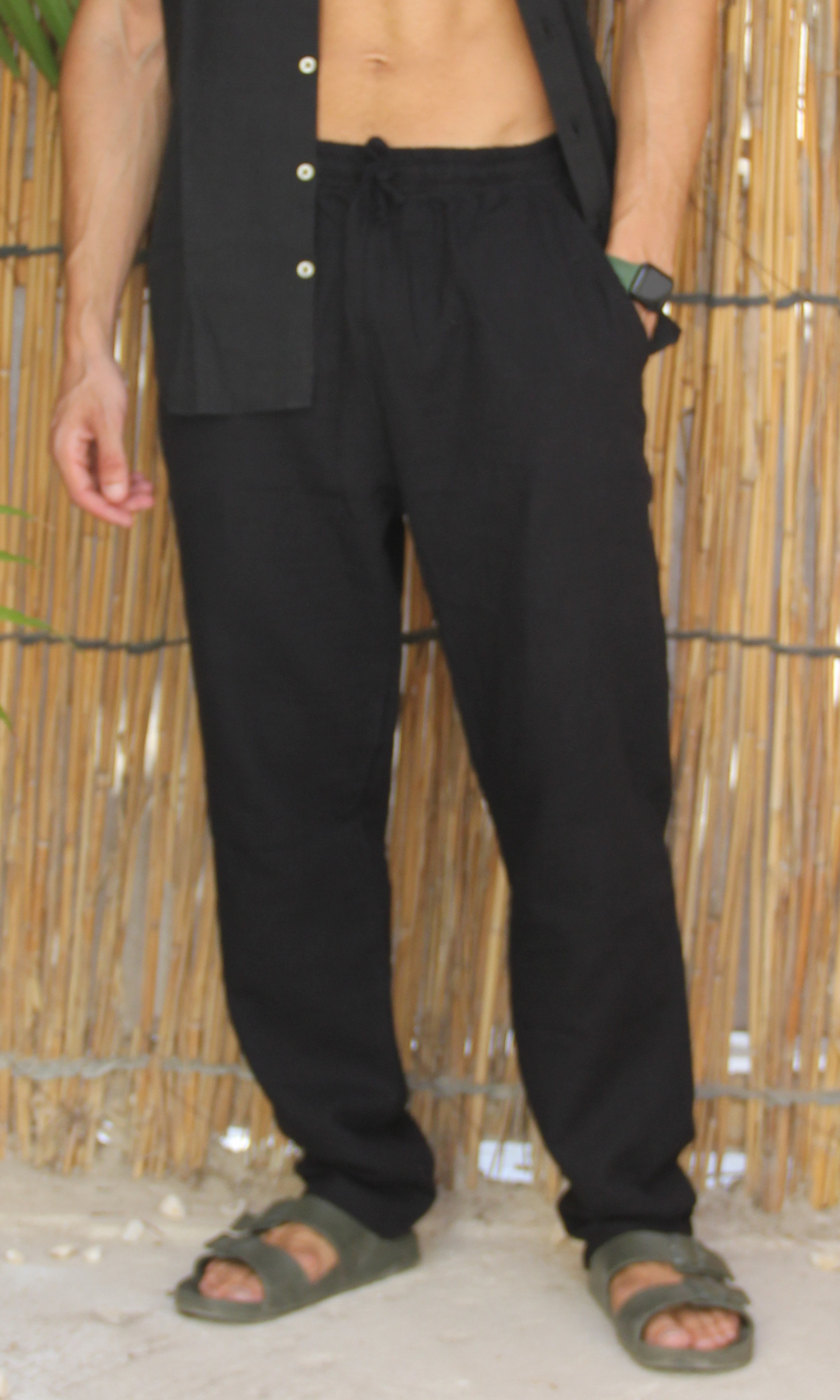 Men Linen Pants Textured Trouser (Black)