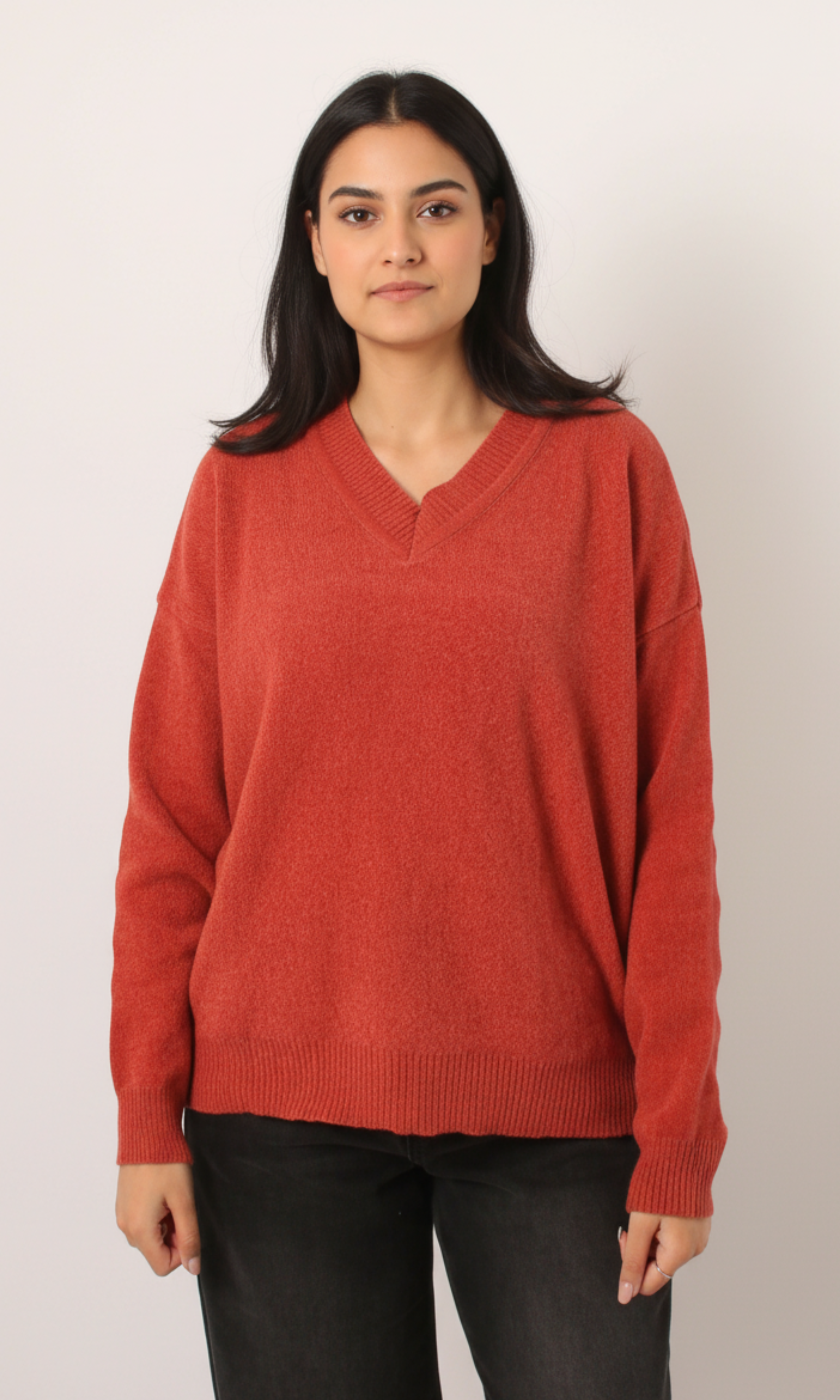 Women V-Neck Velvet Basic Sweater (Orange)