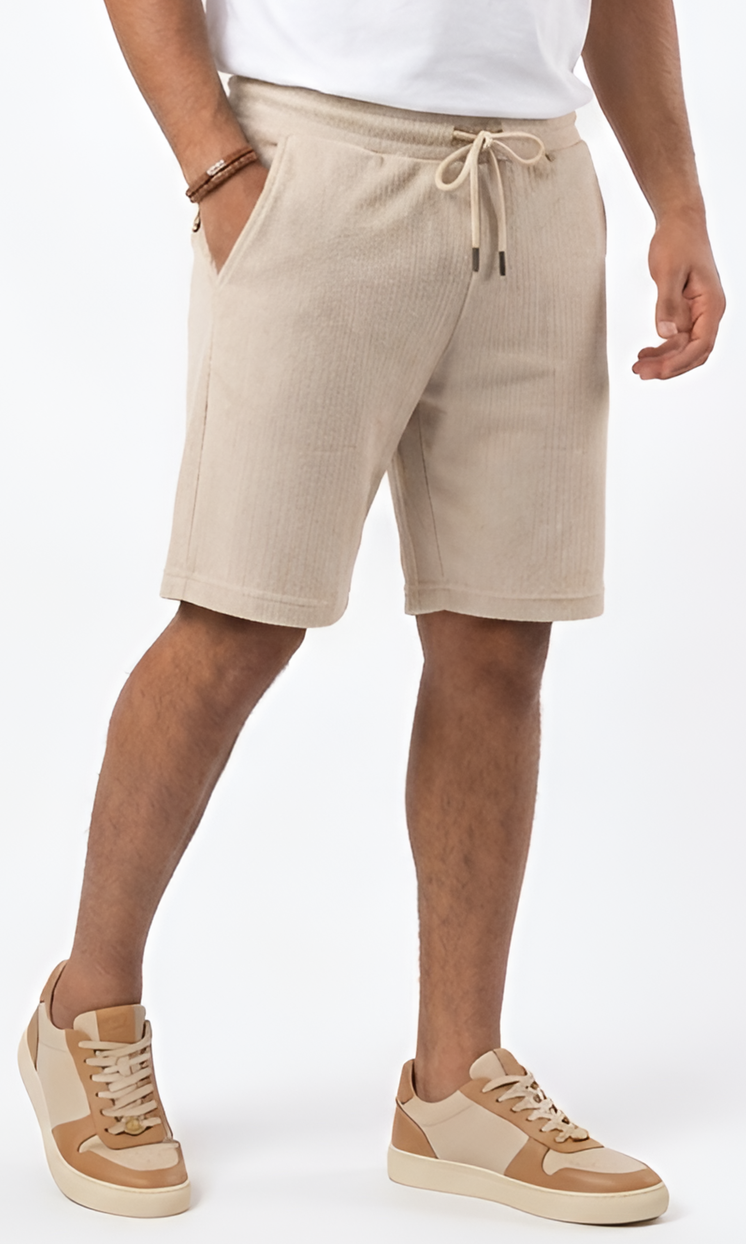 Men Waffle-Knit Shorts Elastic Waistband (Beige)