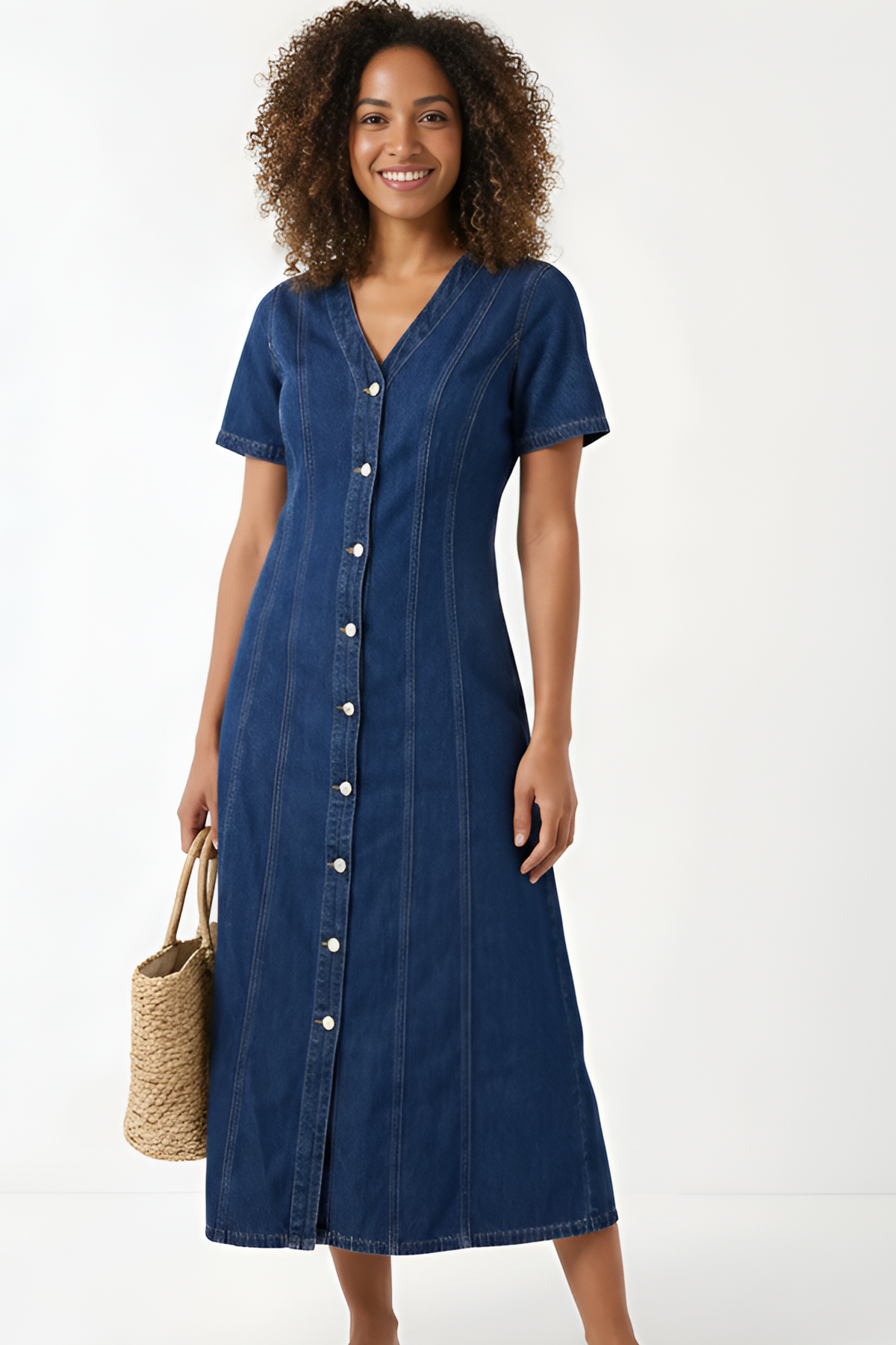 Woman wearing a blue dress holding a straw bag on a white background