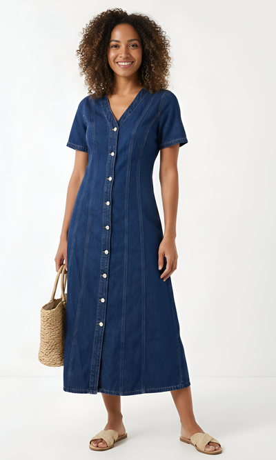 Women Front Button Denim Maxi Dress