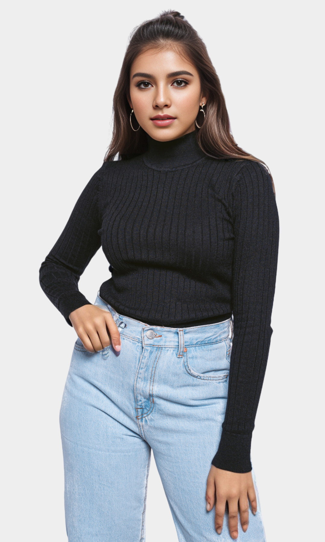 Women High Collar Pullover - Black