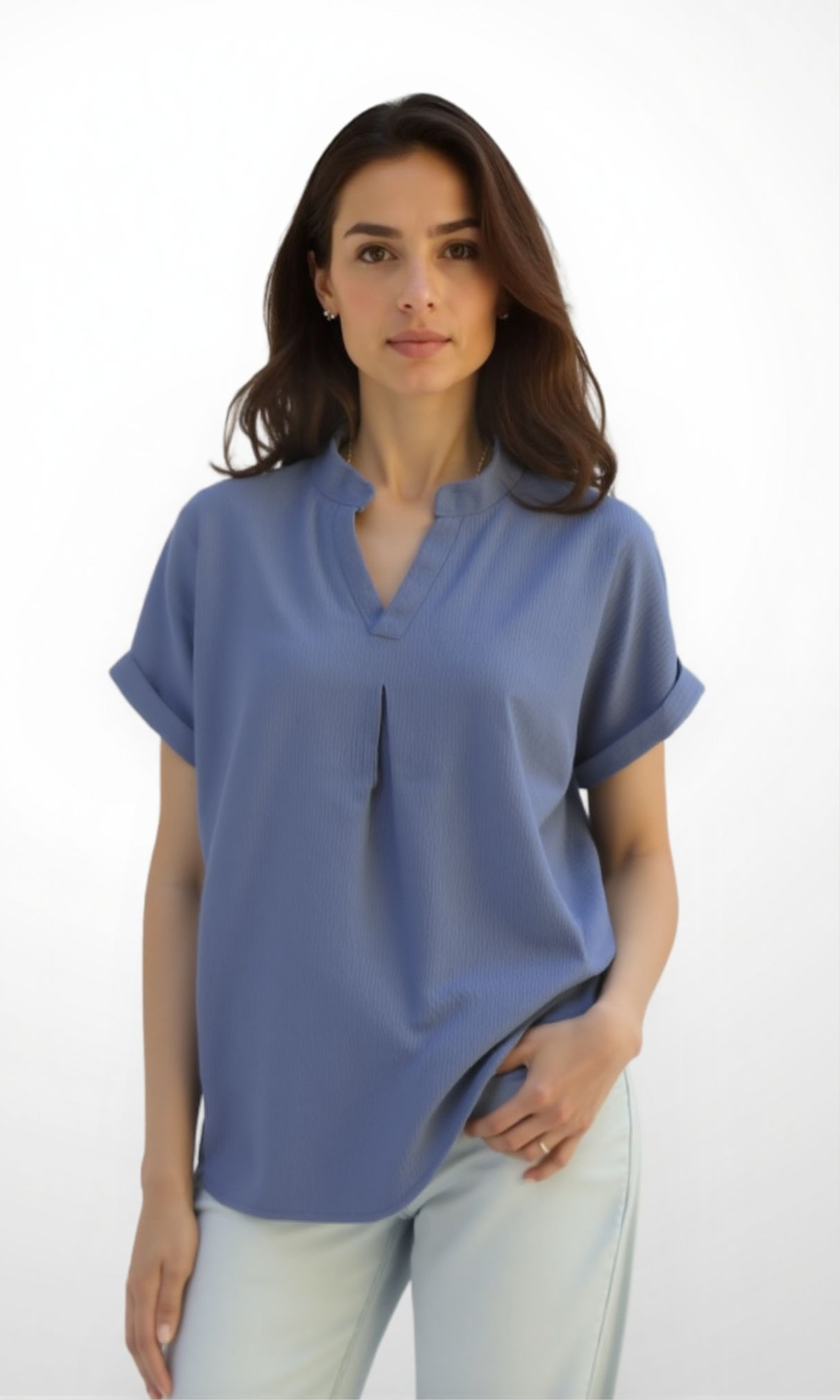 Women Blouse Mandarin Collar (Blue)