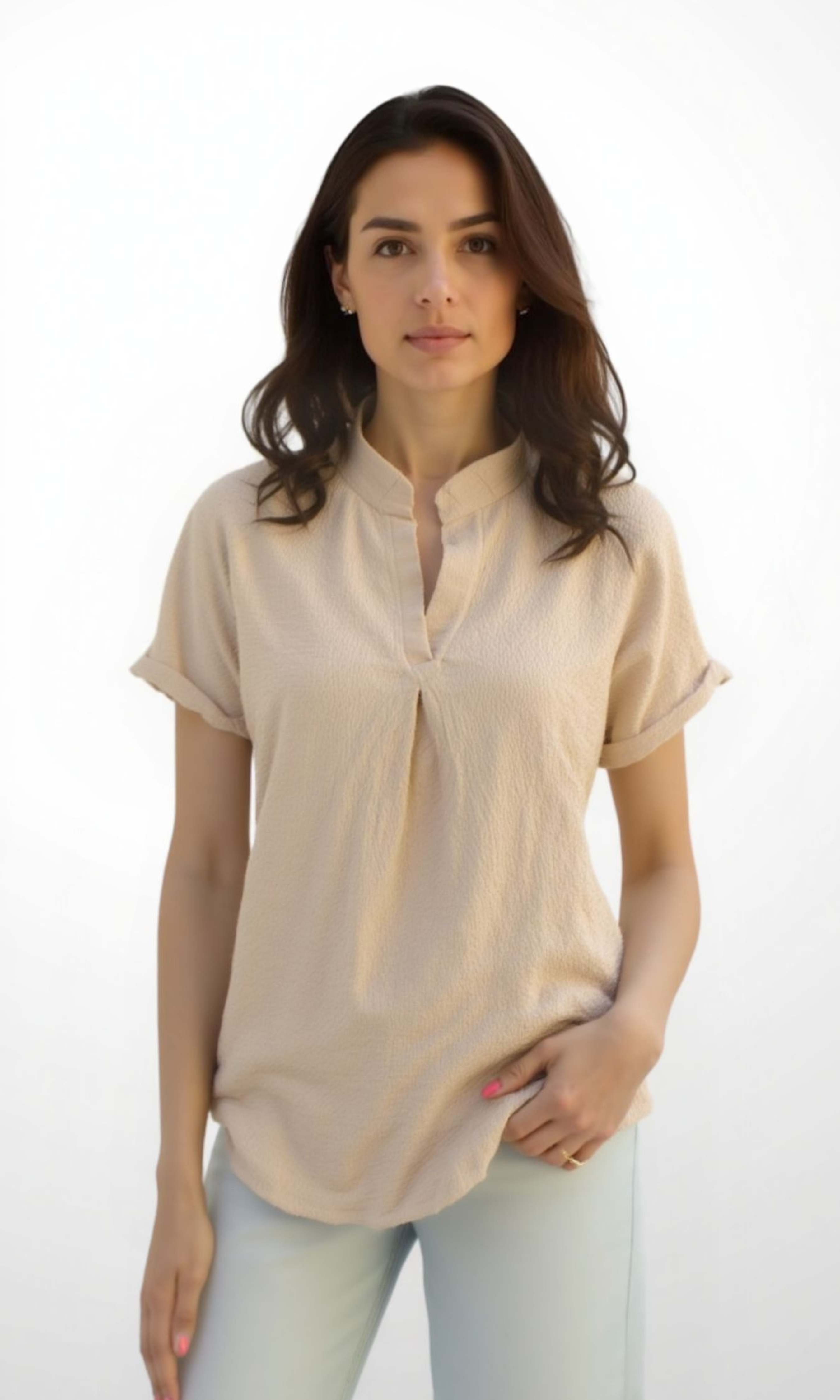 Women Blouse Mandarin Collar (Beige)
