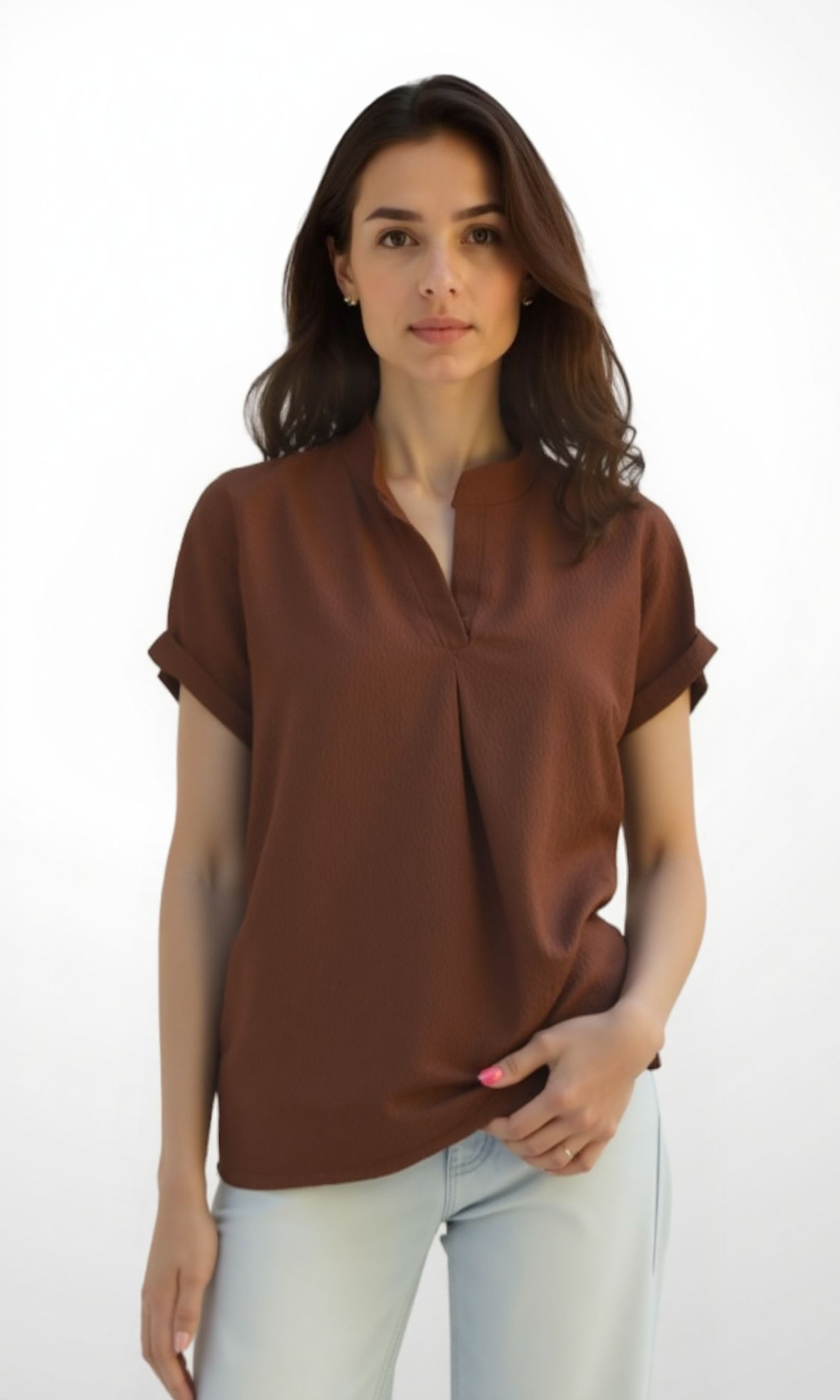 Women Blouse Mandarin Collar (Brown)