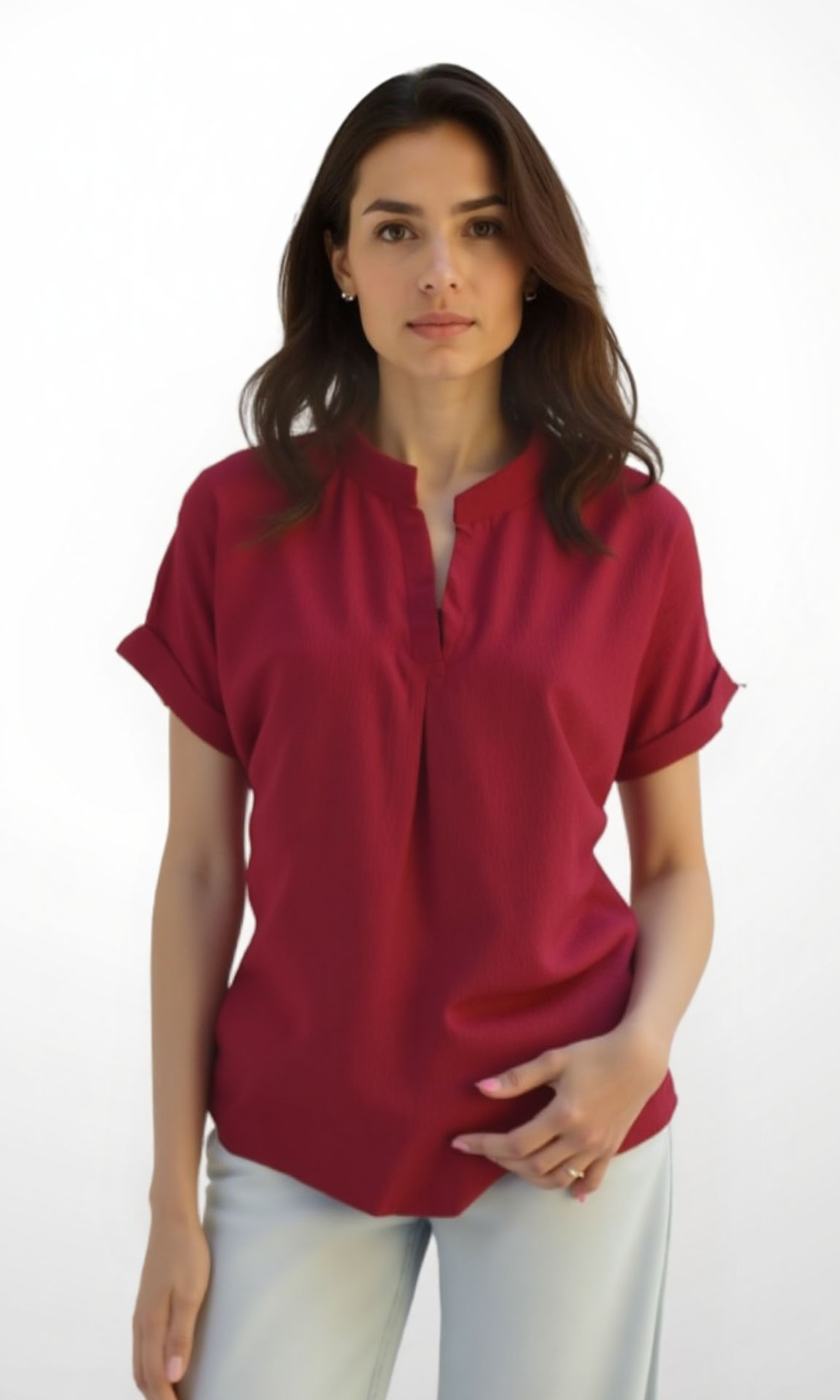 Women Blouse Mandarin Collar (Burgundy)