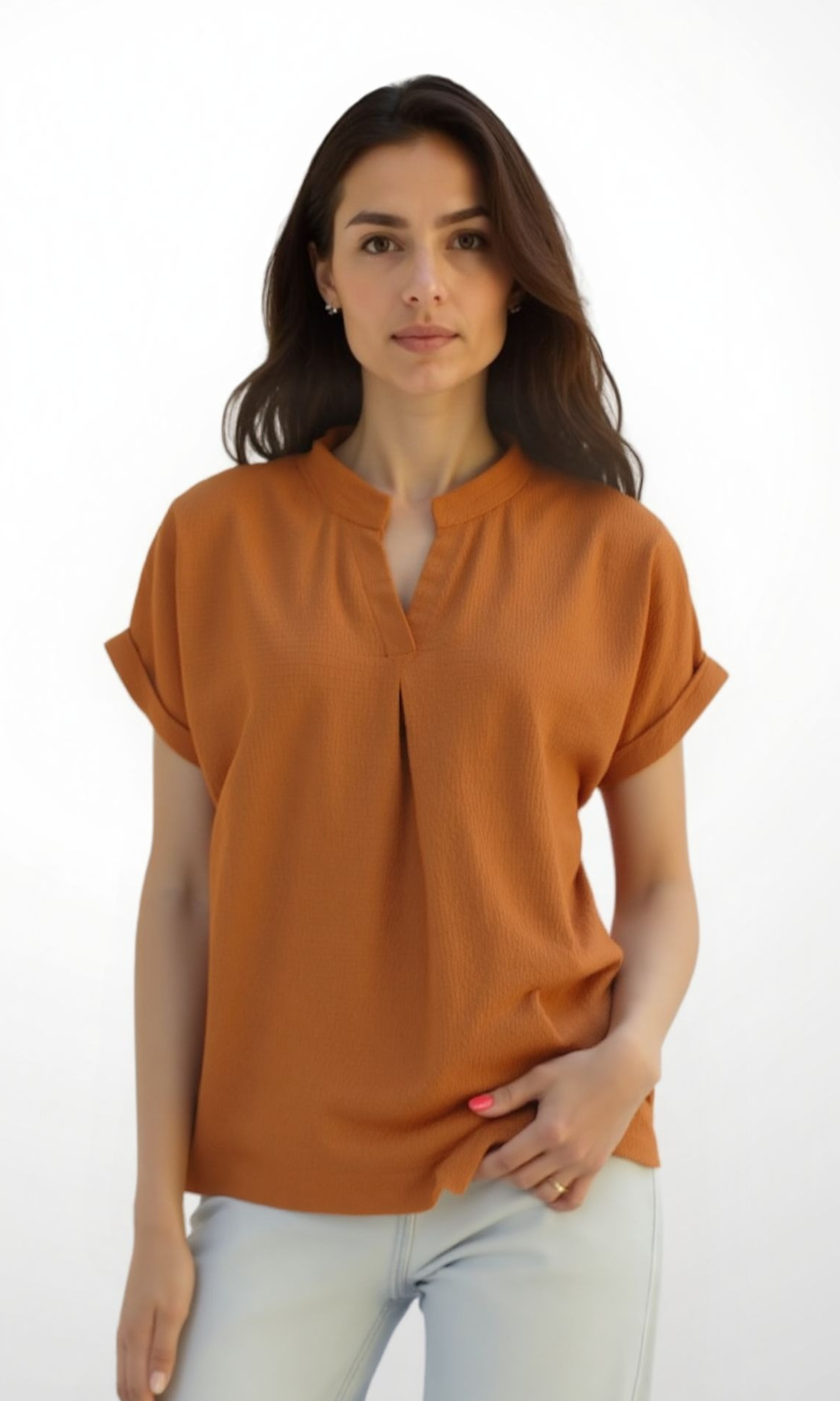 Women Blouse Mandarin Collar (Light Brown)