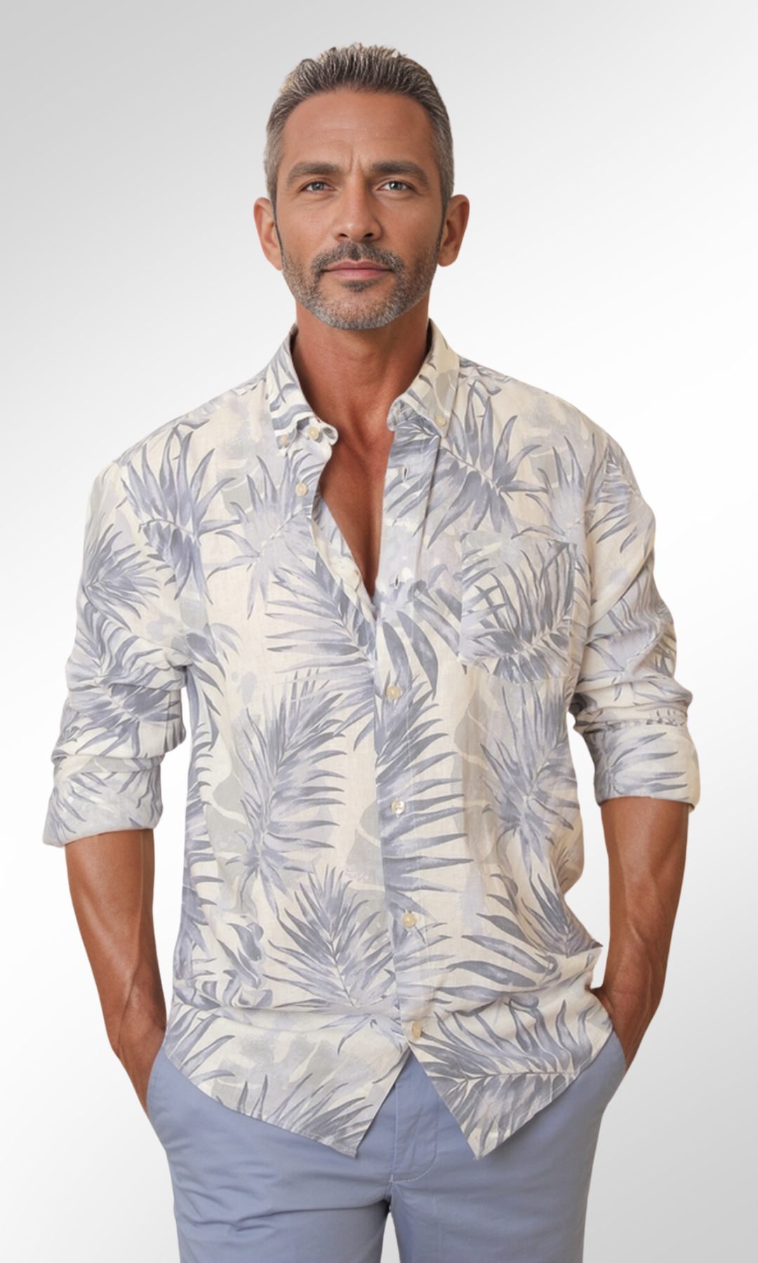 Men Linen Shirt Tropical Pattern