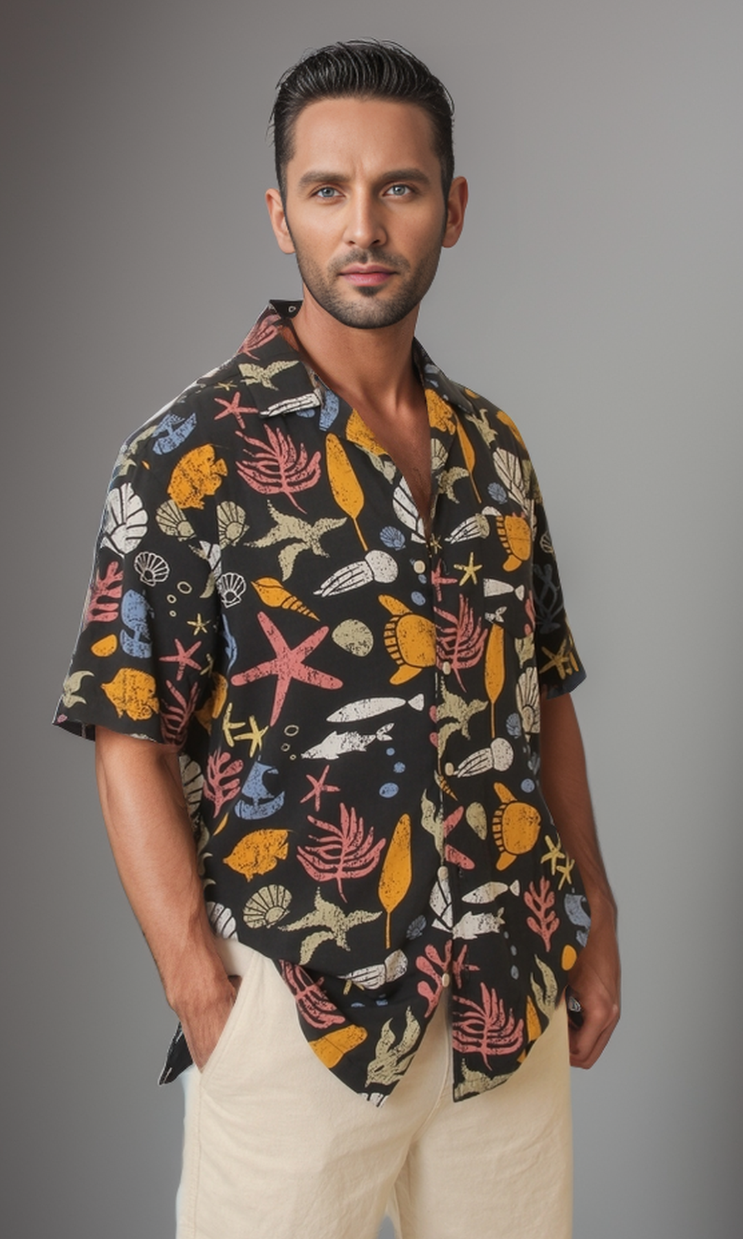 Men Cotton Shirt Sea Animal (Black)