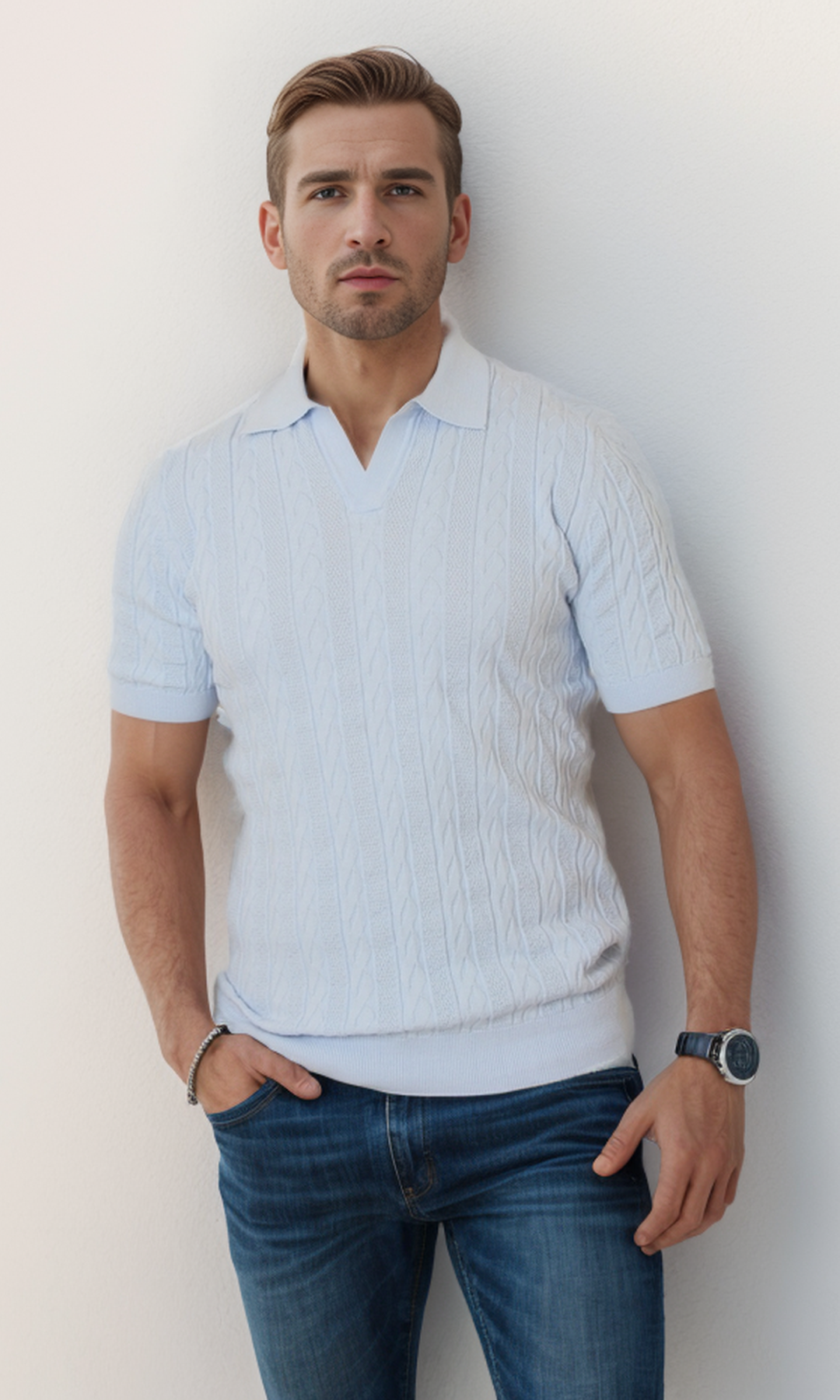 Men Knitted Triko T-Shirt (Baby Blue)