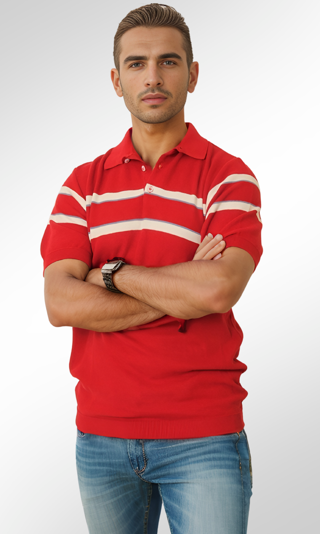 Men Knitted Striped T-Shirt (Burgundy)