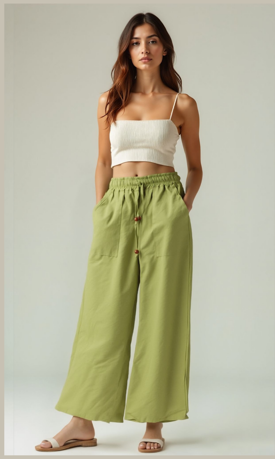 Women Wide Linen Pants (Light Green)