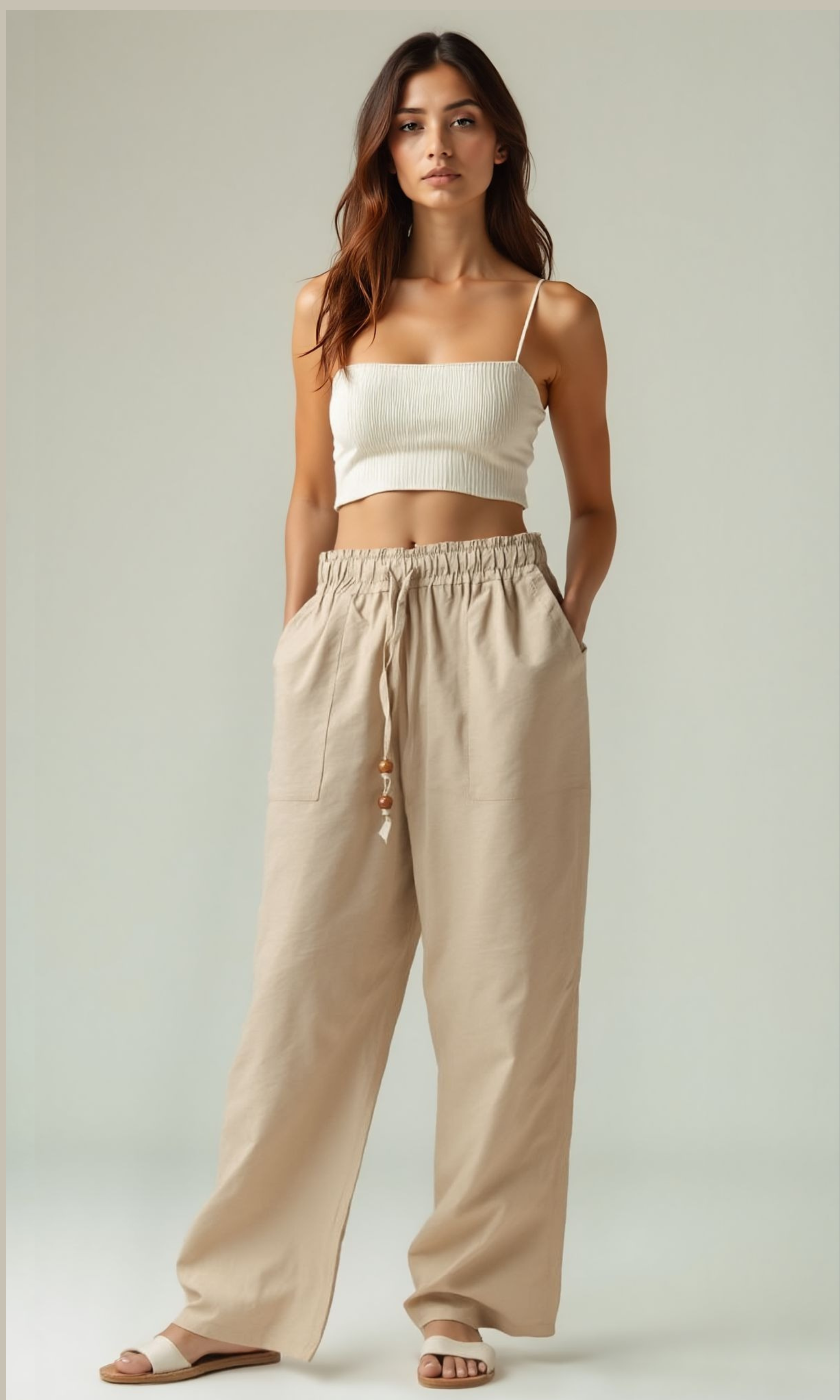 Women Wide Linen Pants (Beige)