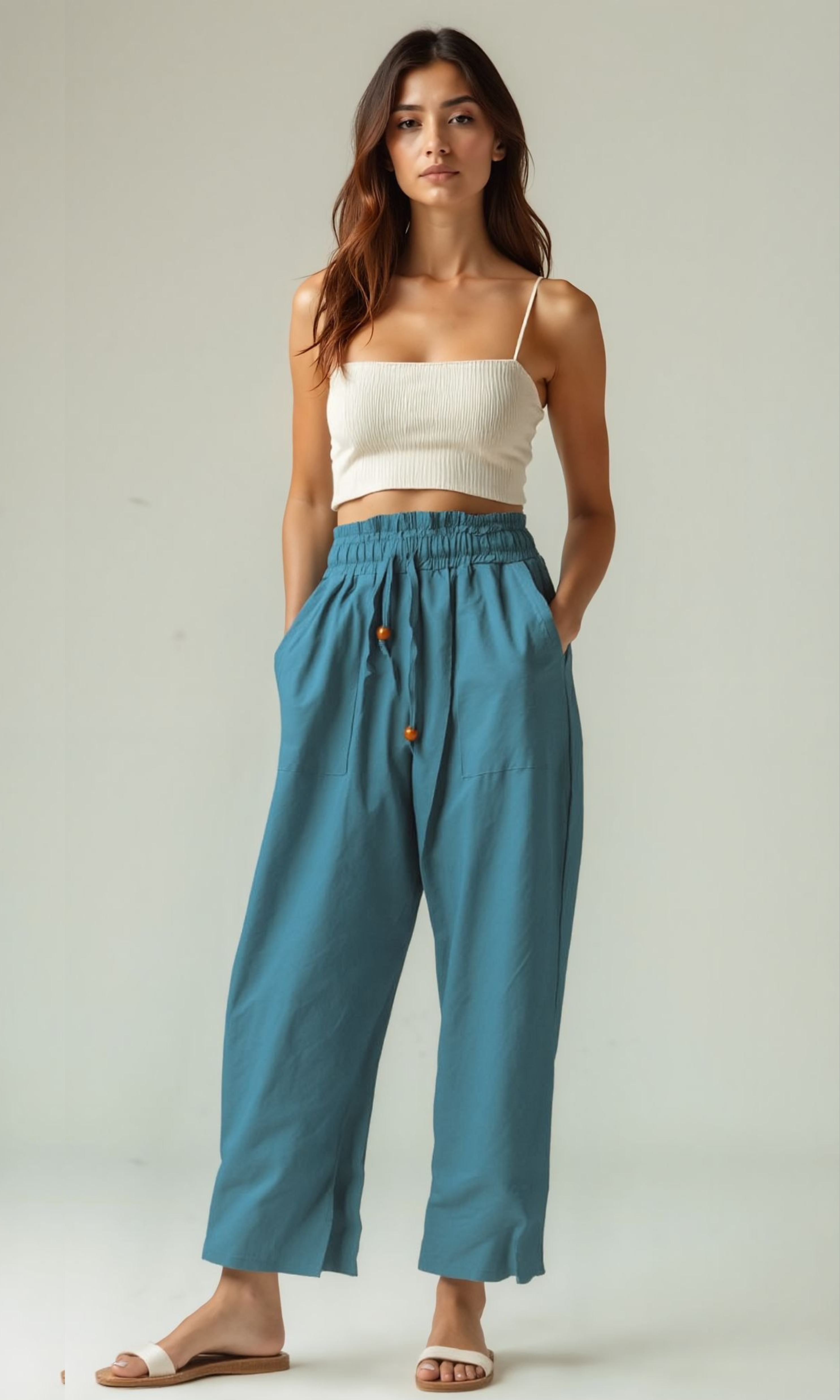 Women Wide Linen Pants (Petrol)