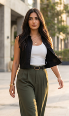 Women's oversized sleeveless crop shirt in oil green, product photo