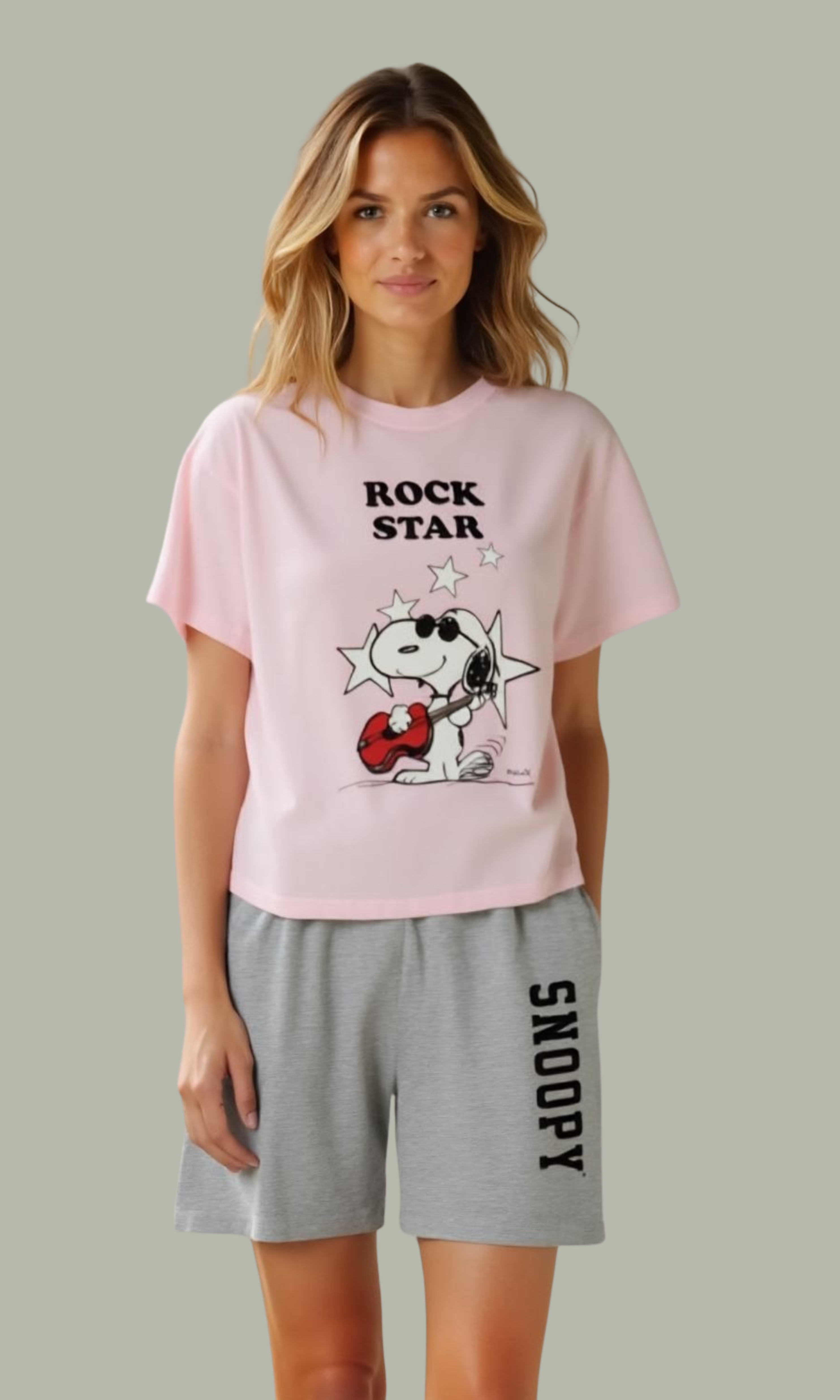 Women Pajamas Set Shorts- Rock Star (Pink)